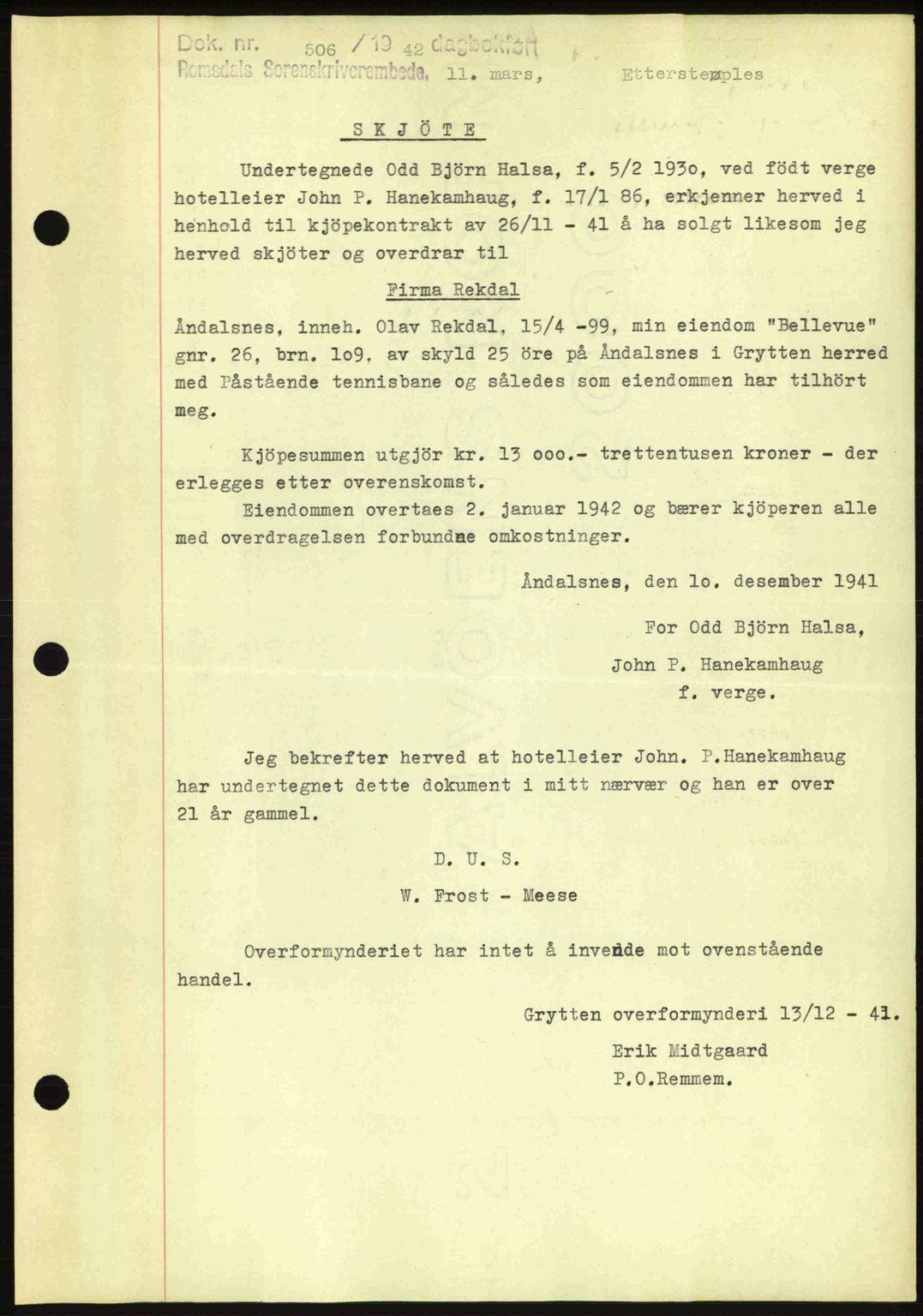 Romsdal sorenskriveri, SAT/A-4149/1/2/2C: Pantebok nr. A12, 1942-1942, Dagboknr: 506/1942