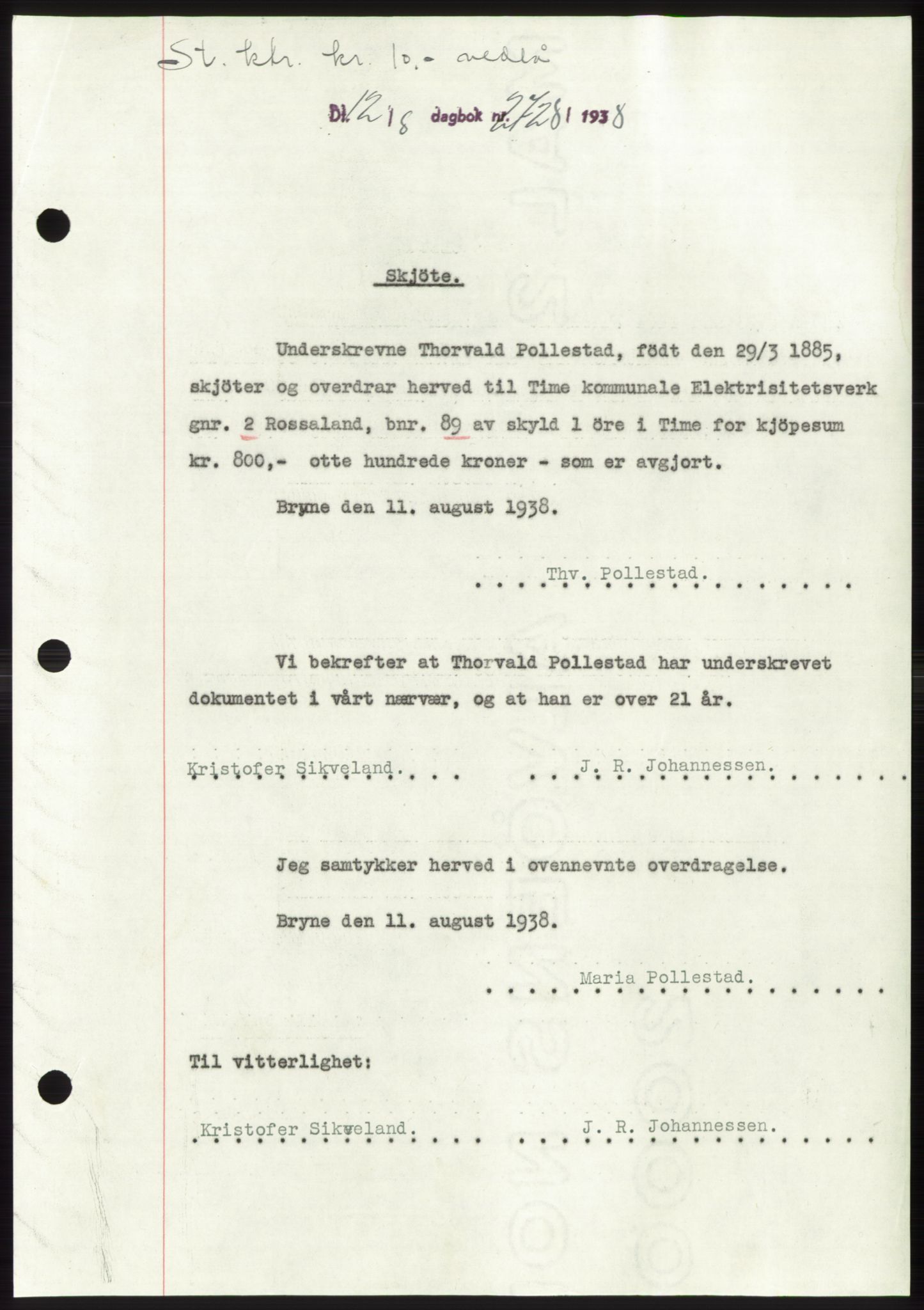 Jæren sorenskriveri, SAST/A-100310/03/G/Gba/L0071: Pantebok, 1938-1938, Dagboknr: 2728/1938
