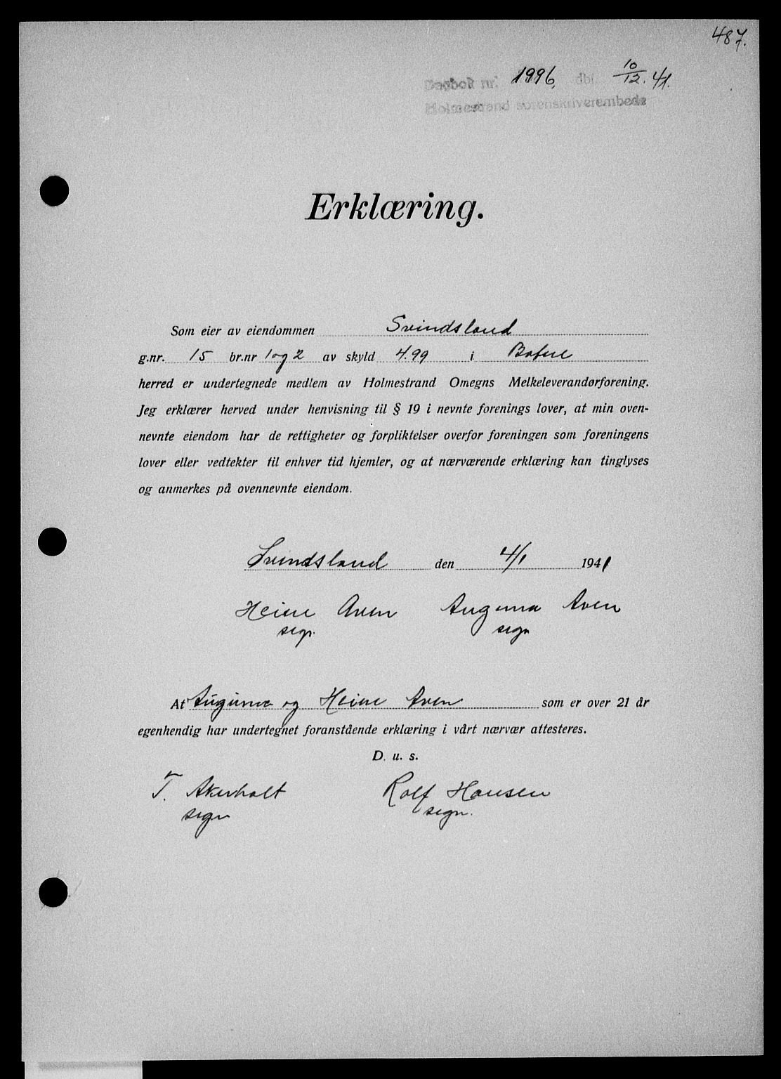 Holmestrand sorenskriveri, SAKO/A-67/G/Ga/Gaa/L0054: Pantebok nr. A-54, 1941-1942, Dagboknr: 1996/1941