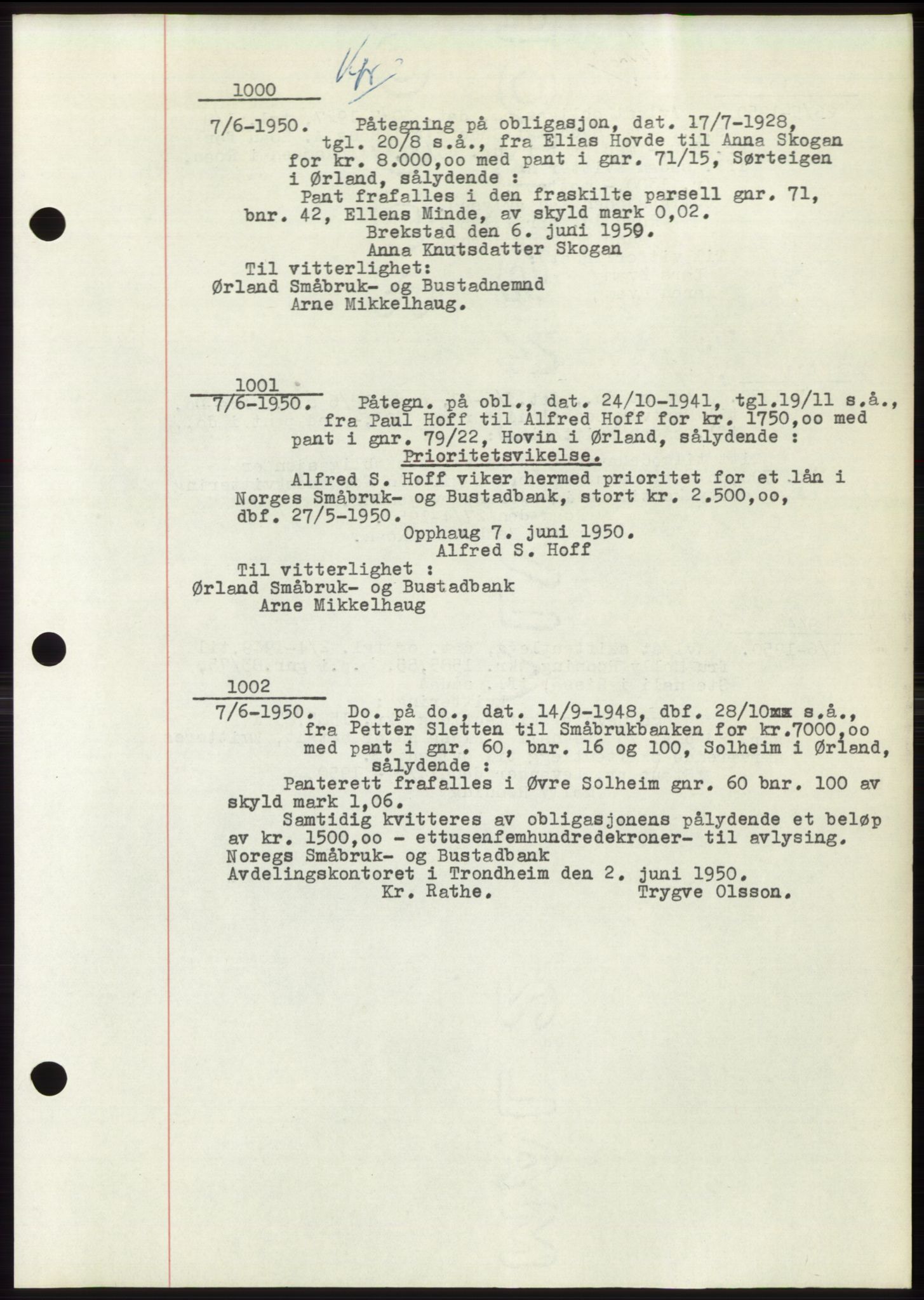 Fosen sorenskriveri, AV/SAT-A-1107/1/2/2C: Pantebok nr. B3, 1948-1950, Dagboknr: 1000/1950