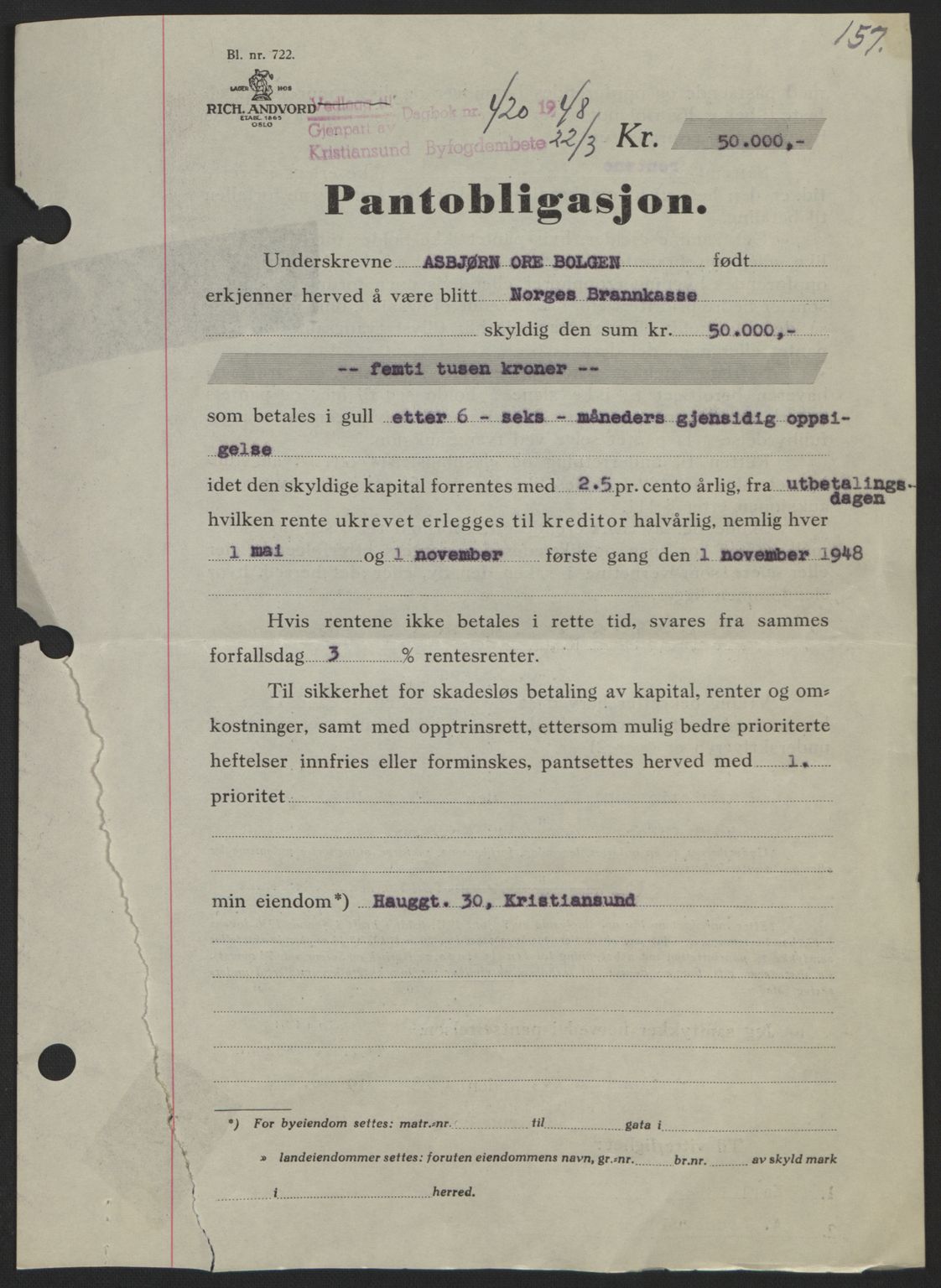Kristiansund byfogd, SAT/A-4587/A/27: Pantebok nr. 44, 1947-1948, Dagboknr: 420/1948