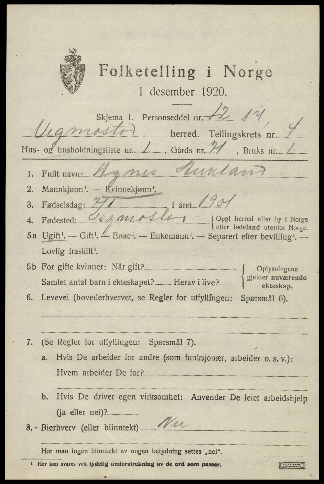 SAK, Folketelling 1920 for 1028 Vigmostad herred, 1920, s. 1205