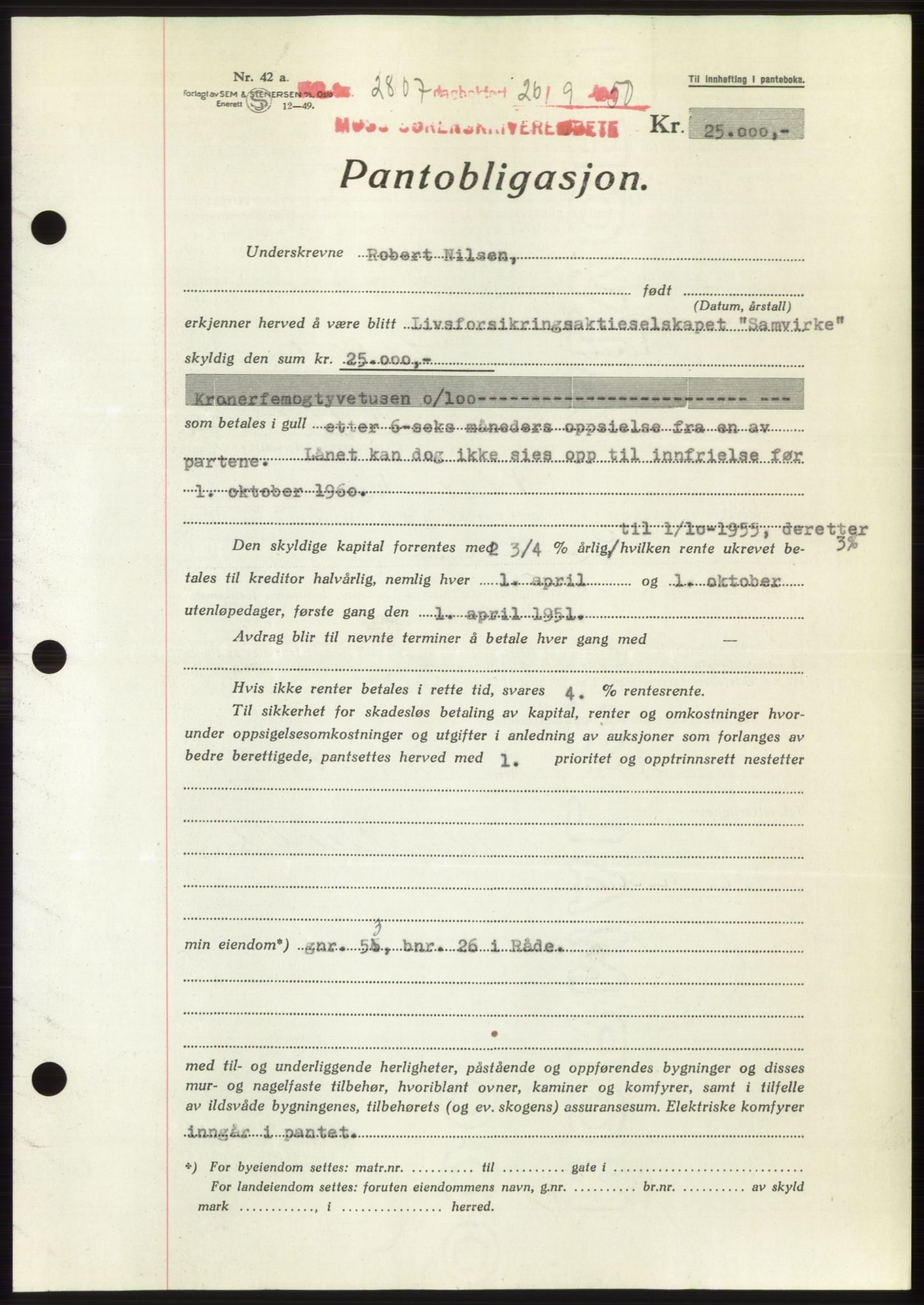 Moss sorenskriveri, SAO/A-10168: Pantebok nr. B25, 1950-1950, Dagboknr: 2807/1950