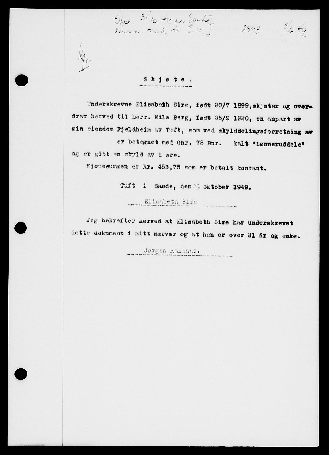 Holmestrand sorenskriveri, SAKO/A-67/G/Ga/Gaa/L0068: Pantebok nr. A-68, 1949-1950, Dagboknr: 2898/1949