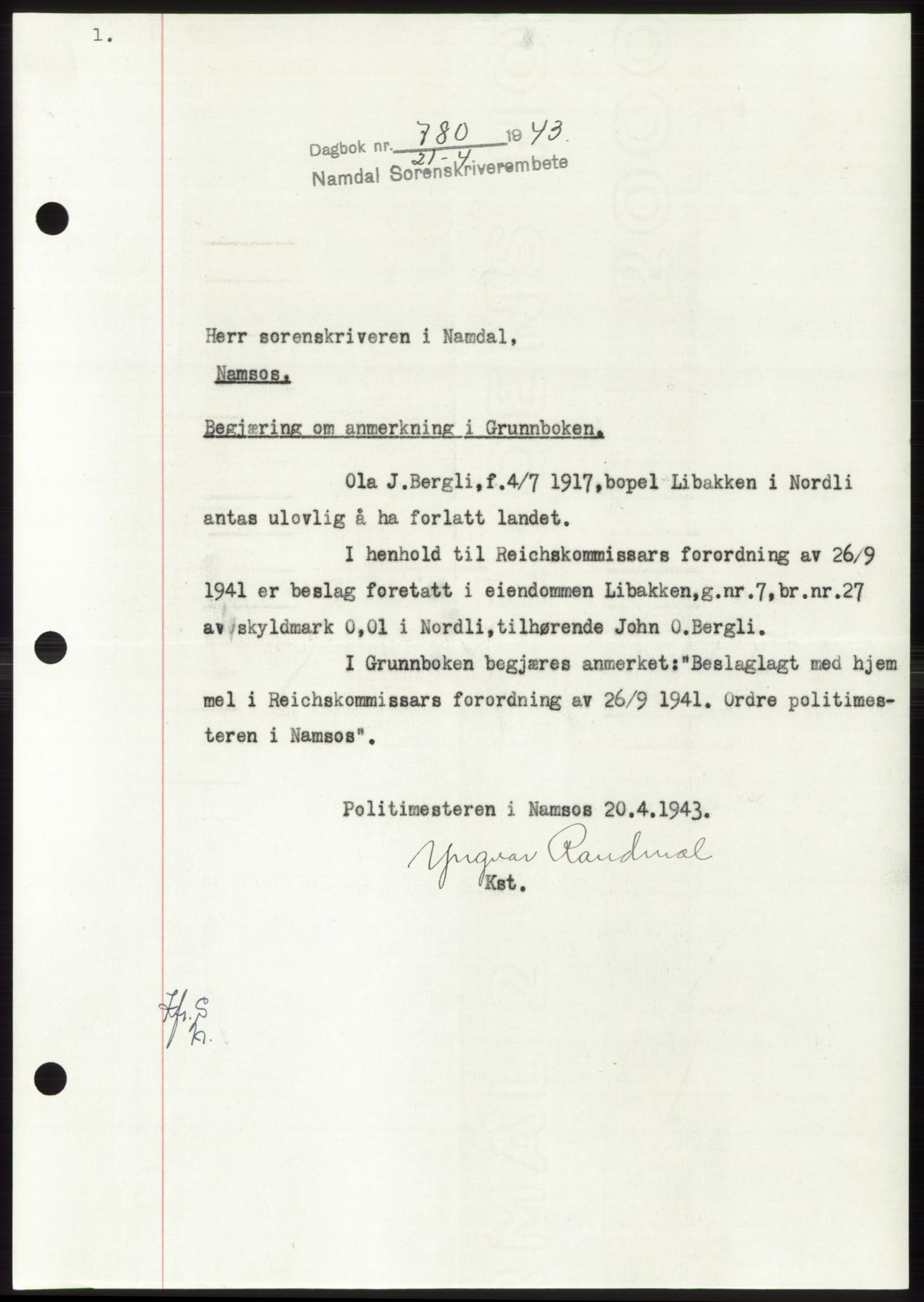 Namdal sorenskriveri, SAT/A-4133/1/2/2C: Pantebok nr. -, 1942-1943, Dagboknr: 780/1943