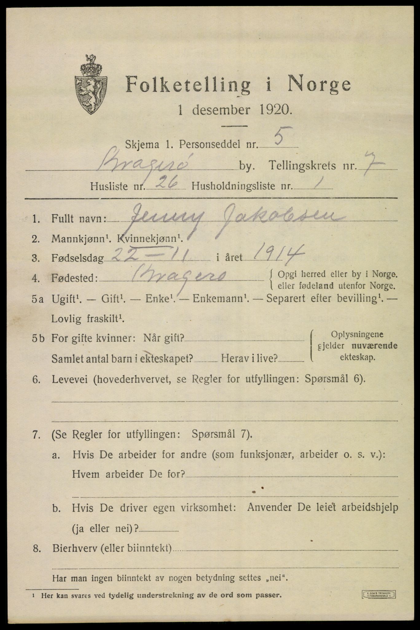 SAKO, Folketelling 1920 for 0801 Kragerø kjøpstad, 1920, s. 9983