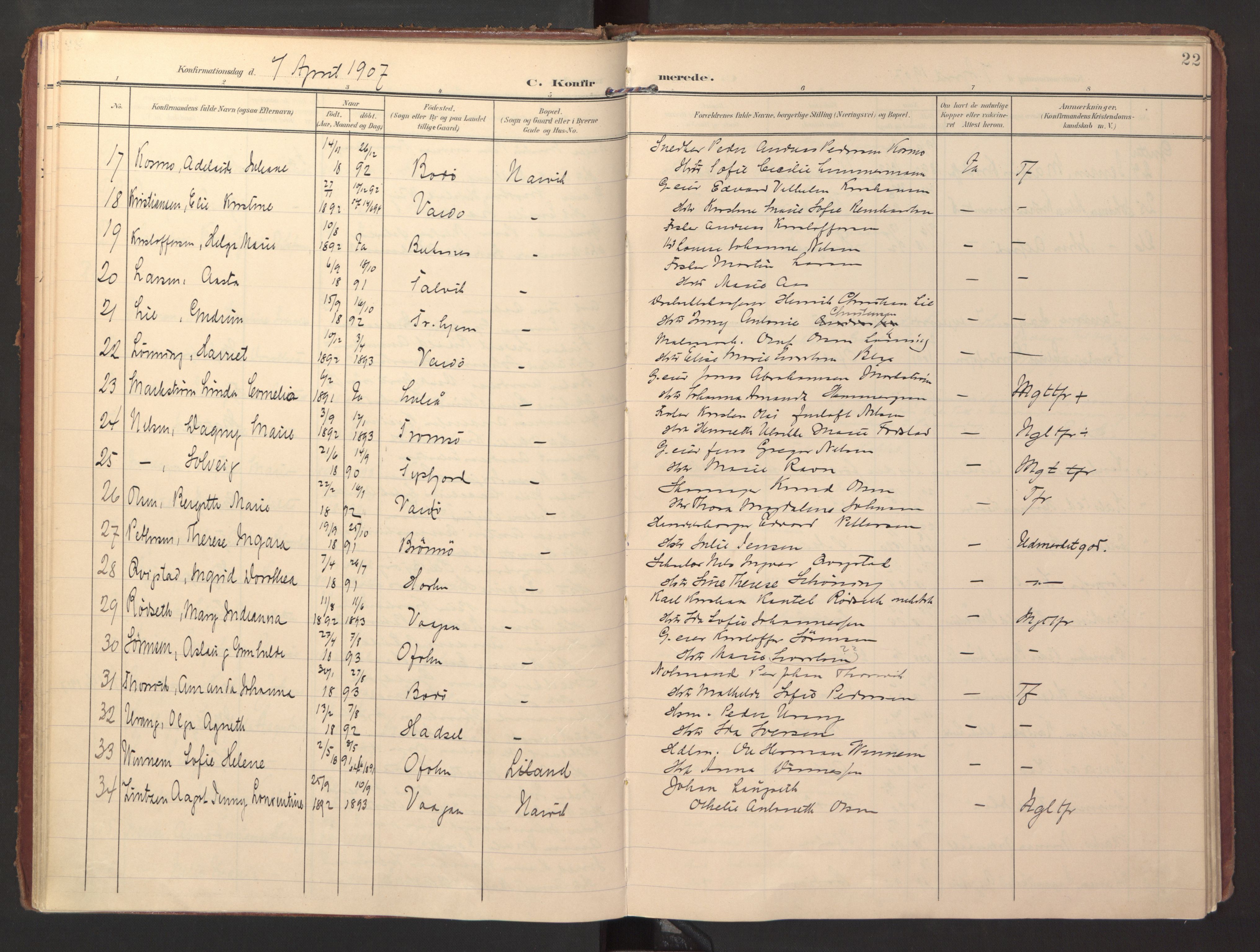 Ministerialprotokoller, klokkerbøker og fødselsregistre - Nordland, AV/SAT-A-1459/871/L0998: Ministerialbok nr. 871A14, 1902-1921, s. 22