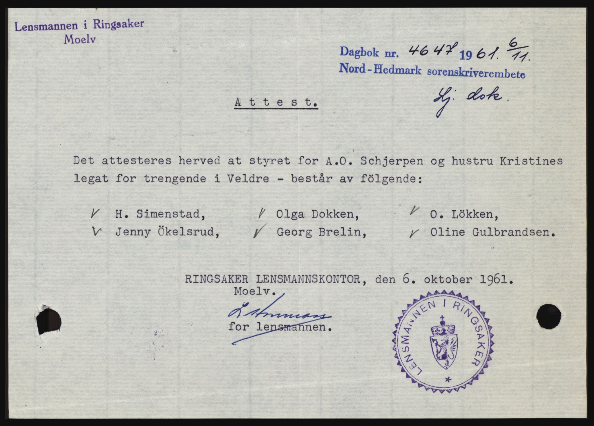 Nord-Hedmark sorenskriveri, SAH/TING-012/H/Hc/L0015: Pantebok nr. 15, 1961-1961, Dagboknr: 4647/1961