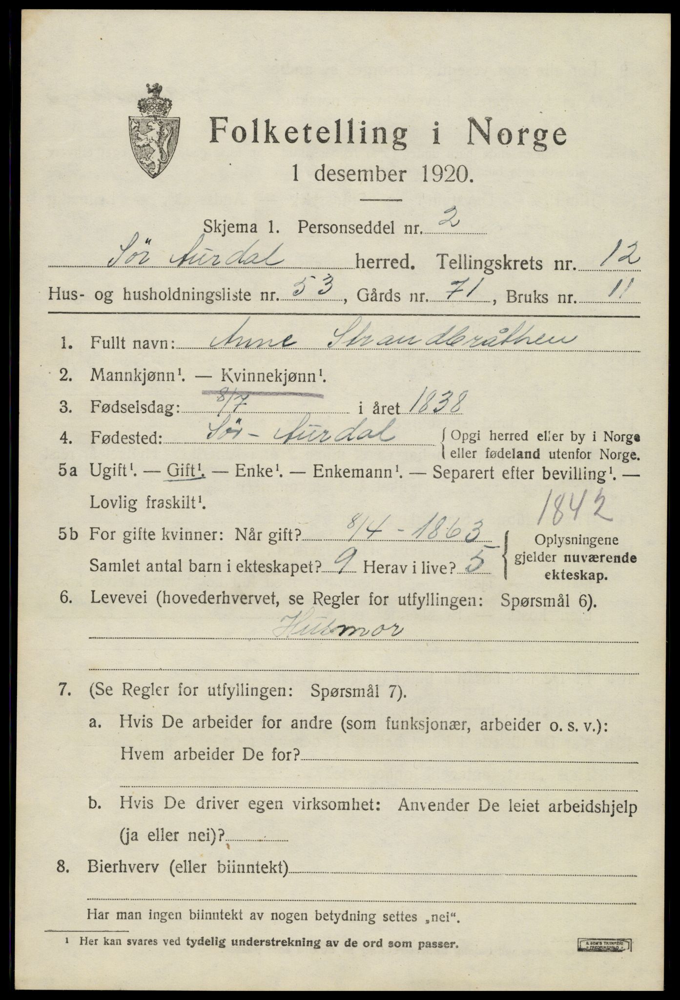 SAH, Folketelling 1920 for 0540 Sør-Aurdal herred, 1920, s. 7465