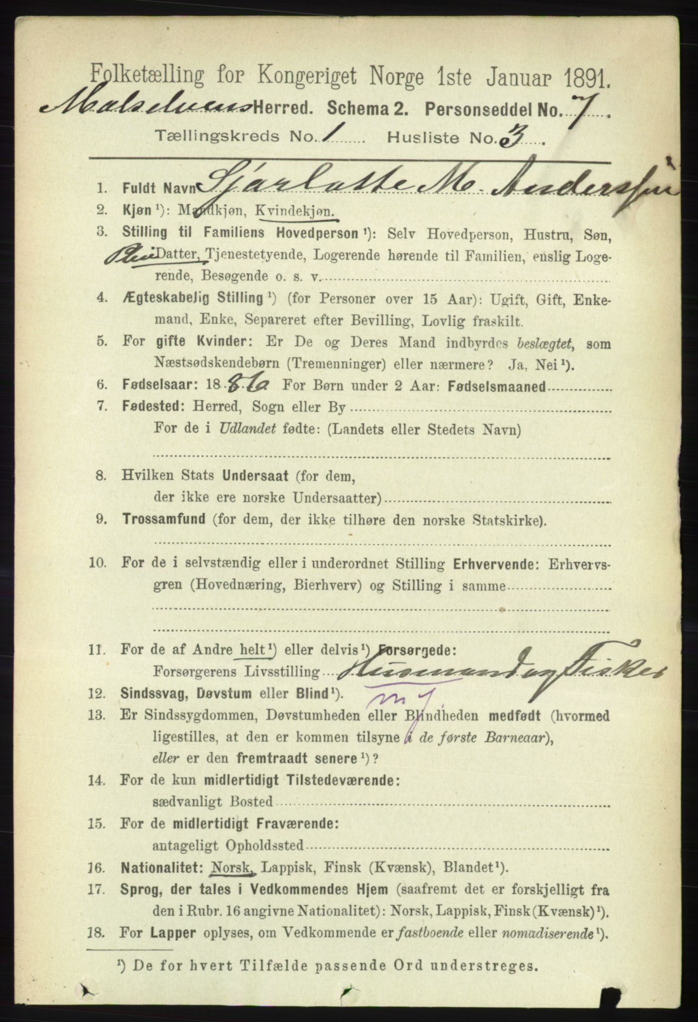 RA, Folketelling 1891 for 1924 Målselv herred, 1891, s. 86