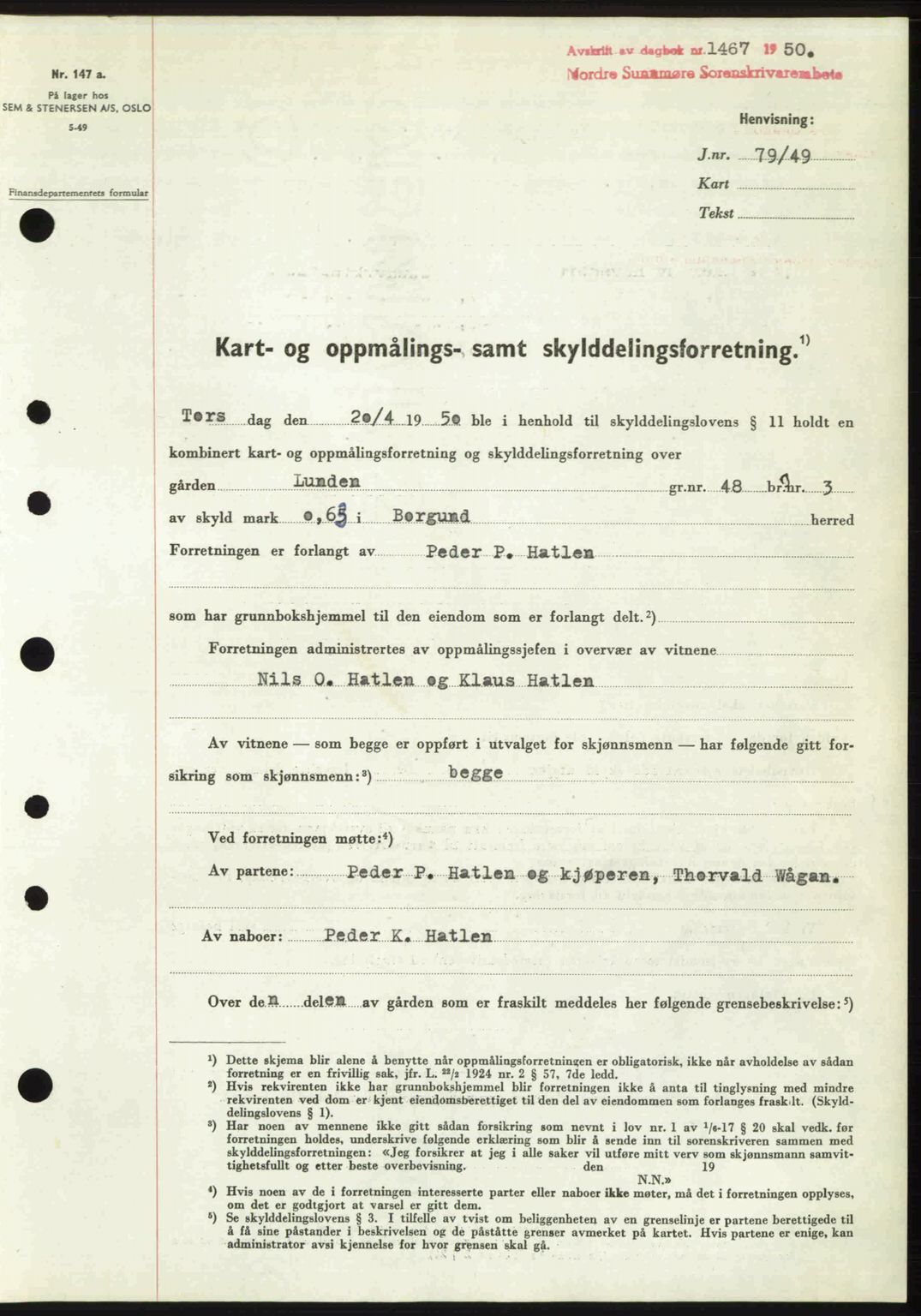 Nordre Sunnmøre sorenskriveri, SAT/A-0006/1/2/2C/2Ca: Pantebok nr. A35, 1950-1950, Dagboknr: 1467/1950