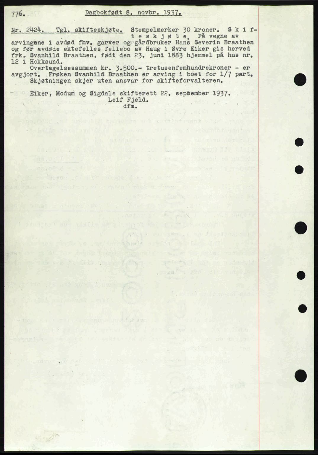 Eiker, Modum og Sigdal sorenskriveri, SAKO/A-123/G/Ga/Gab/L0036: Pantebok nr. A6, 1937-1937, Dagboknr: 2424/1937