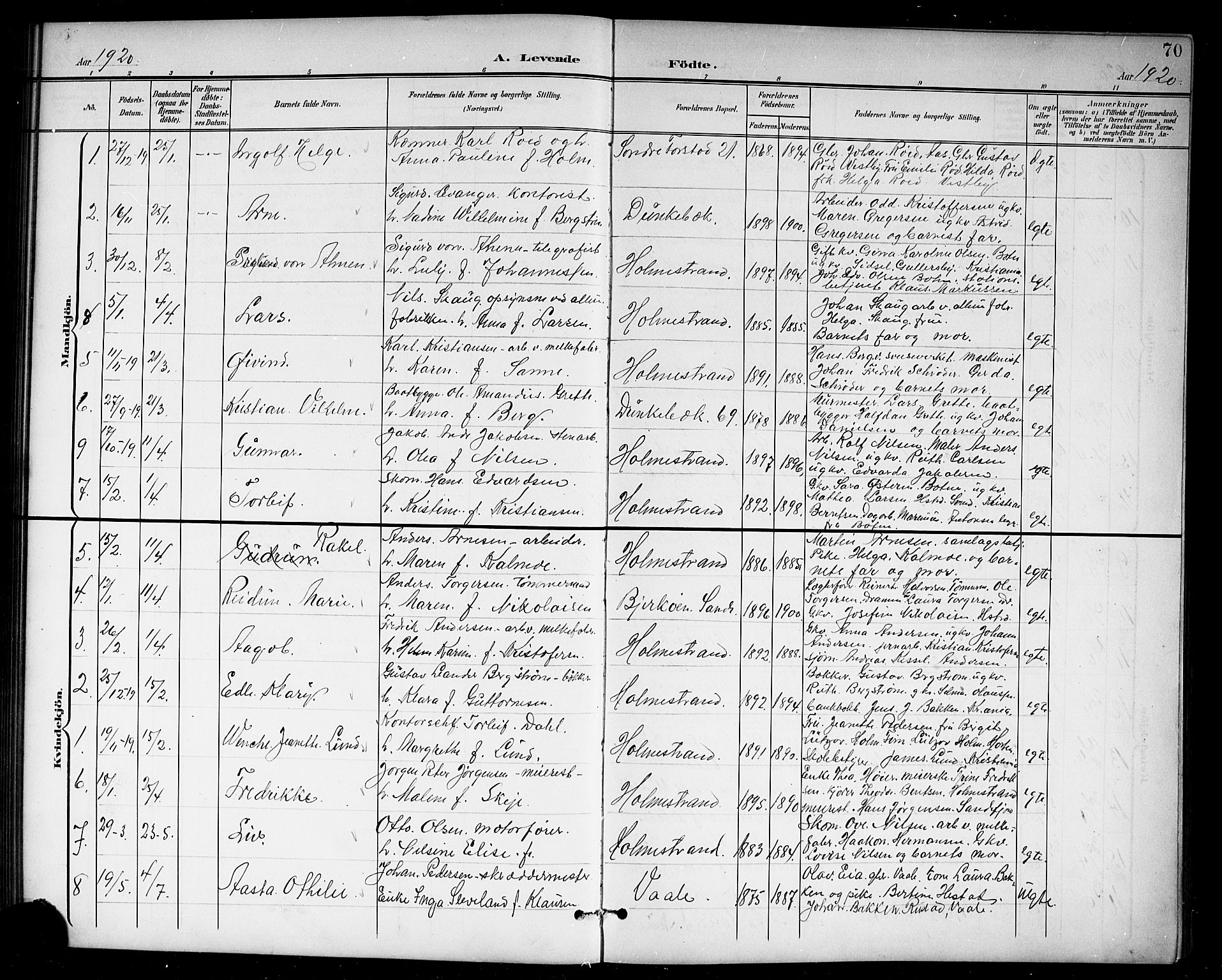 Holmestrand kirkebøker, AV/SAKO-A-346/G/Ga/L0006: Klokkerbok nr. 6, 1901-1923, s. 70