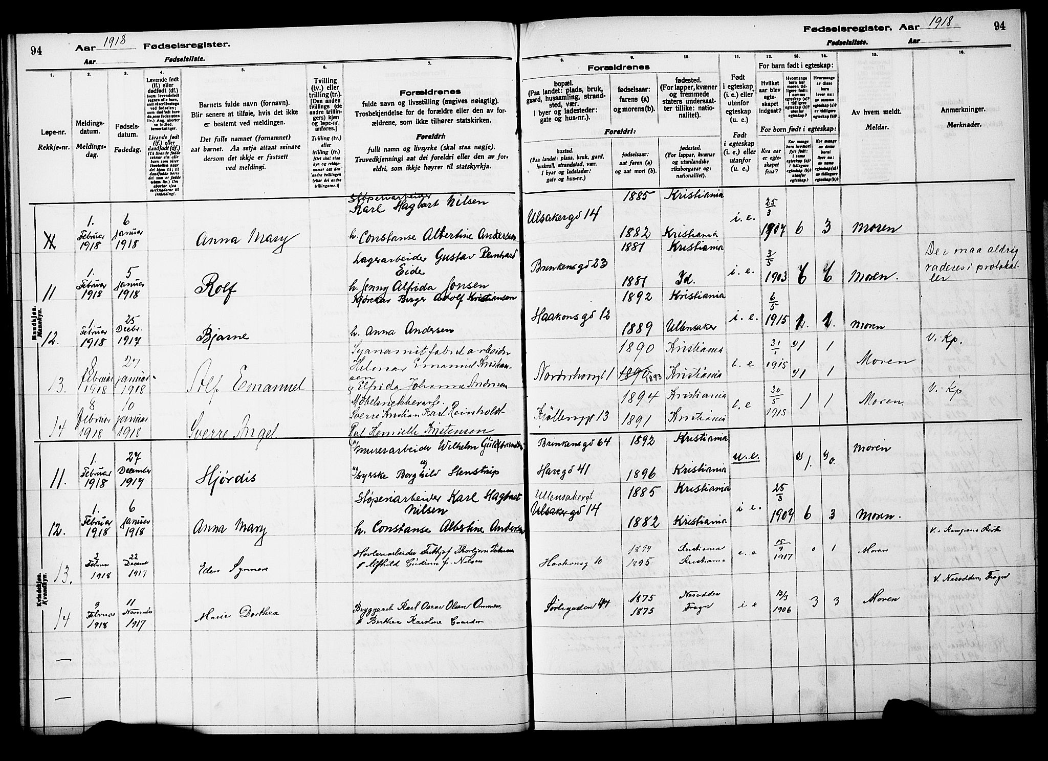 Kampen prestekontor Kirkebøker, AV/SAO-A-10853/J/Ja/L0001: Fødselsregister nr. 1, 1916-1920, s. 94