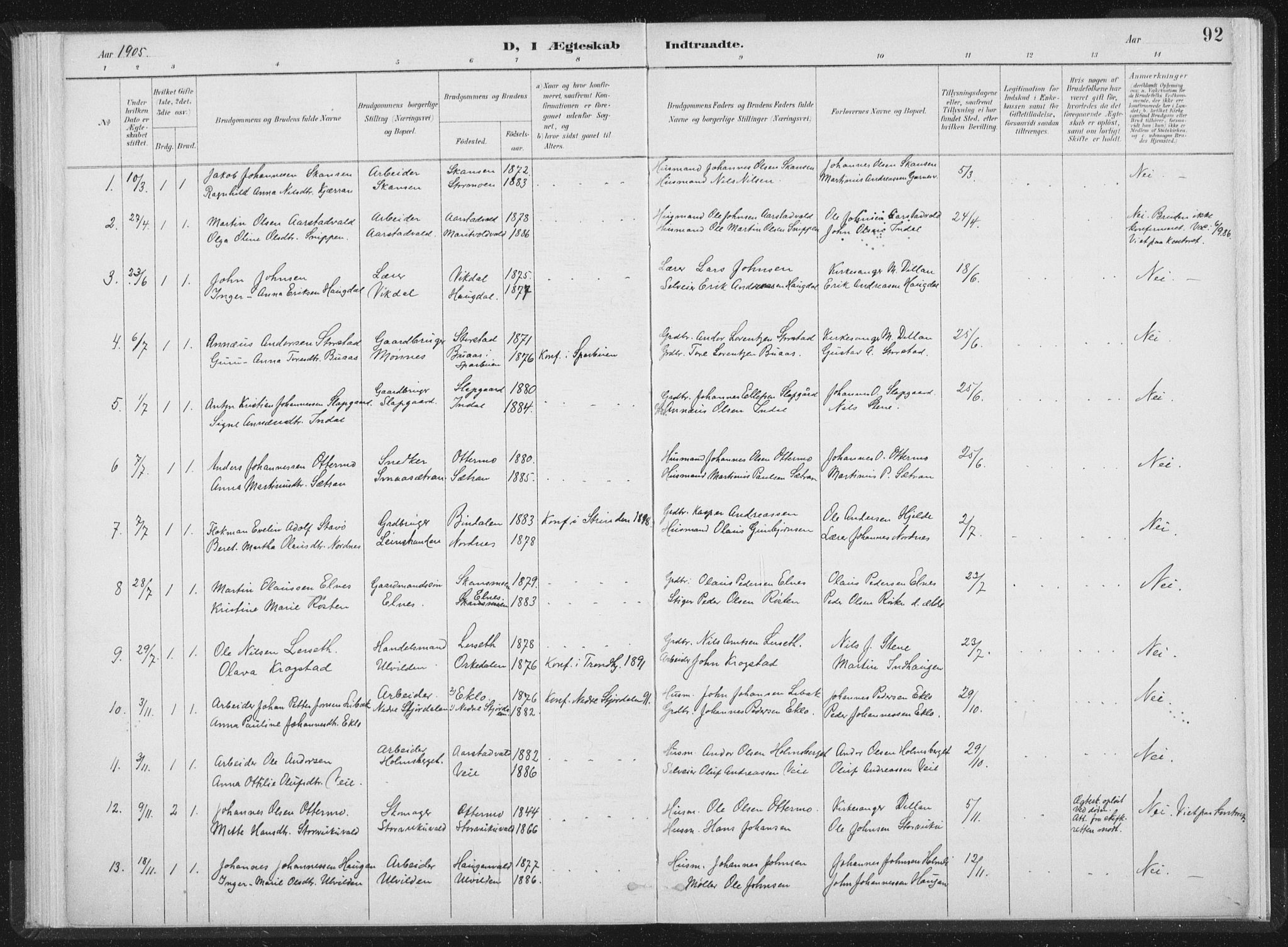 Ministerialprotokoller, klokkerbøker og fødselsregistre - Nord-Trøndelag, SAT/A-1458/724/L0263: Ministerialbok nr. 724A01, 1891-1907, s. 92