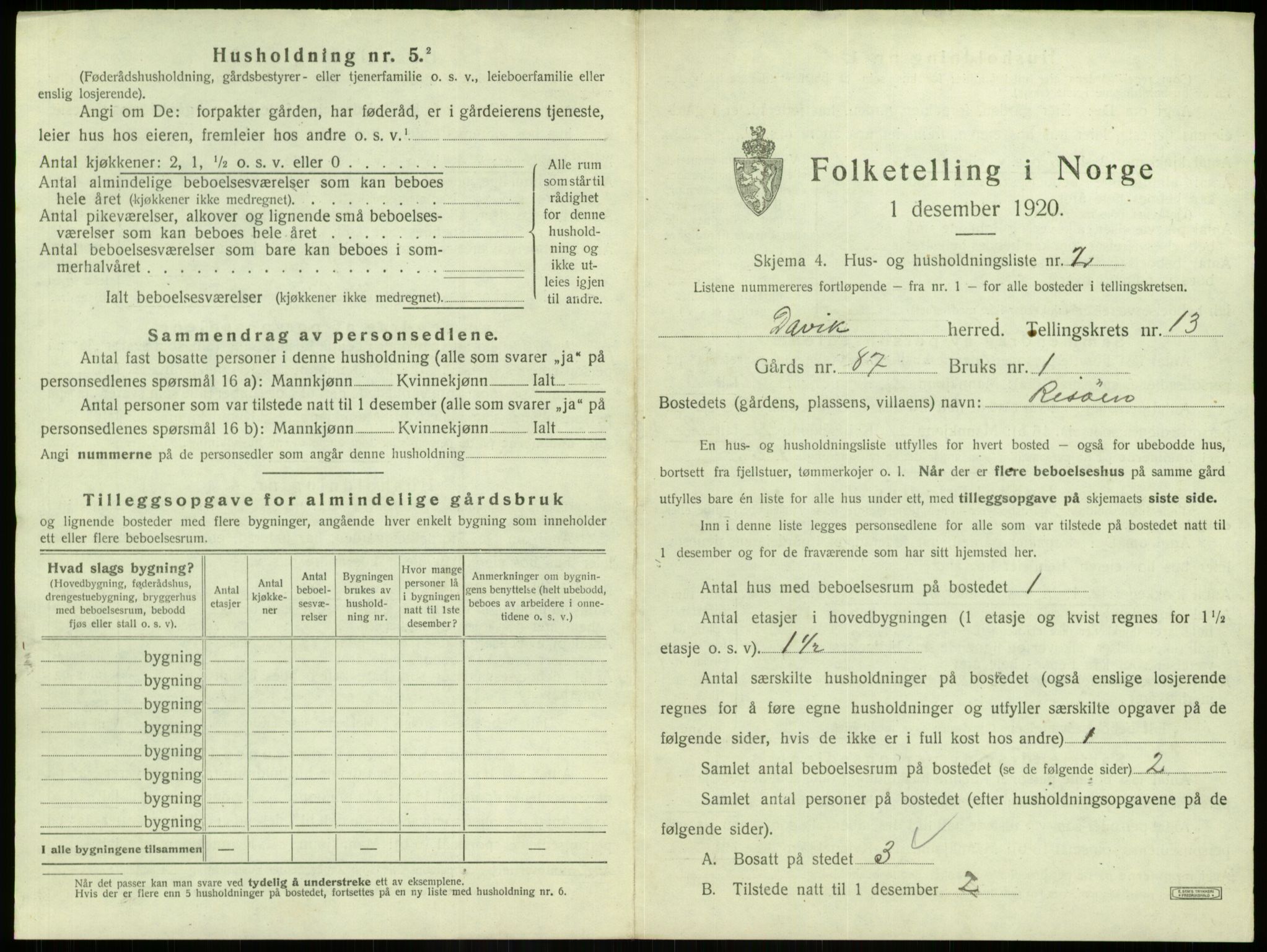 SAB, Folketelling 1920 for 1442 Davik herred, 1920, s. 838