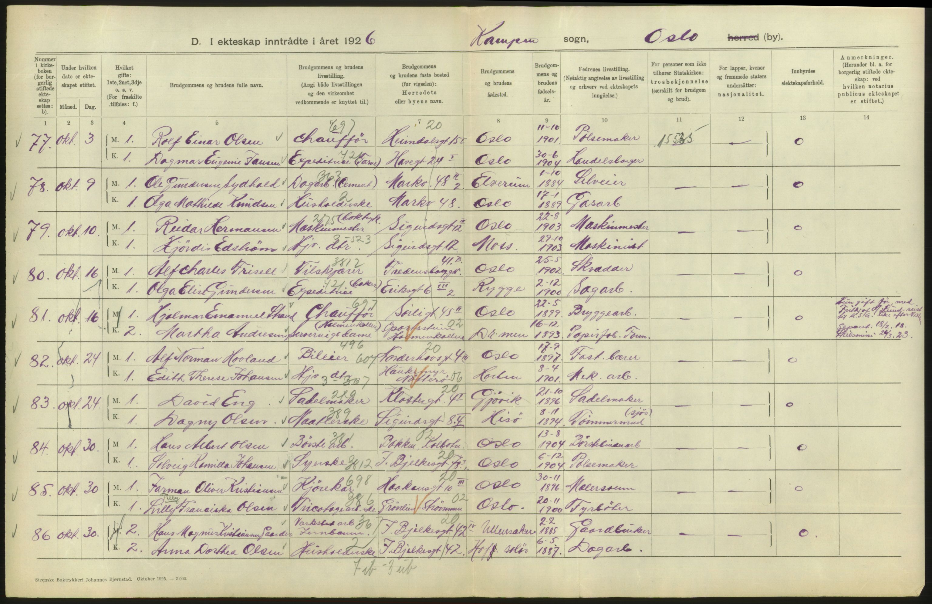 Statistisk sentralbyrå, Sosiodemografiske emner, Befolkning, AV/RA-S-2228/D/Df/Dfc/Dfcf/L0008: Oslo: Gifte, 1926, s. 640