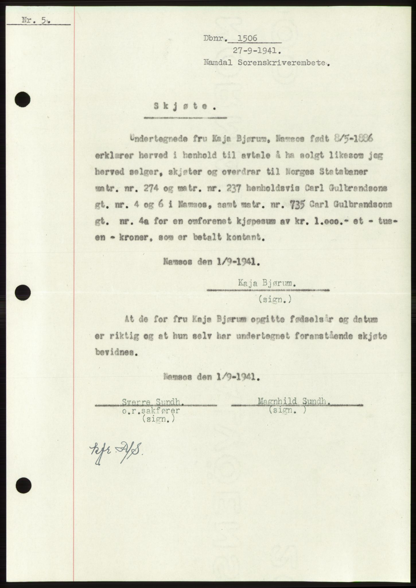 Namdal sorenskriveri, SAT/A-4133/1/2/2C: Pantebok nr. -, 1941-1942, Dagboknr: 1506/1941