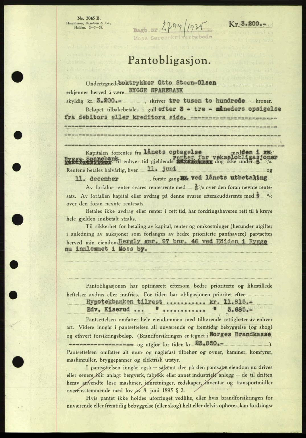 Moss sorenskriveri, SAO/A-10168: Pantebok nr. B6, 1938-1938, Dagboknr: 2799/1938