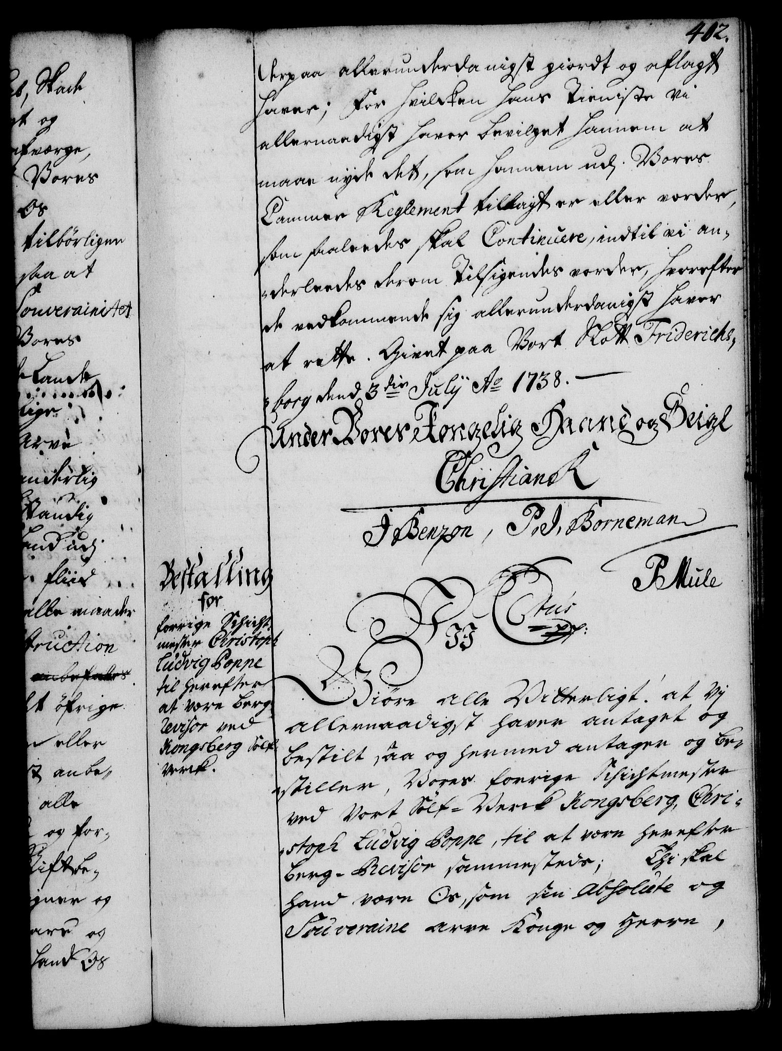 Rentekammeret, Kammerkanselliet, RA/EA-3111/G/Gg/Gge/L0002: Norsk bestallingsprotokoll med register (merket RK 53.26), 1730-1744, s. 402