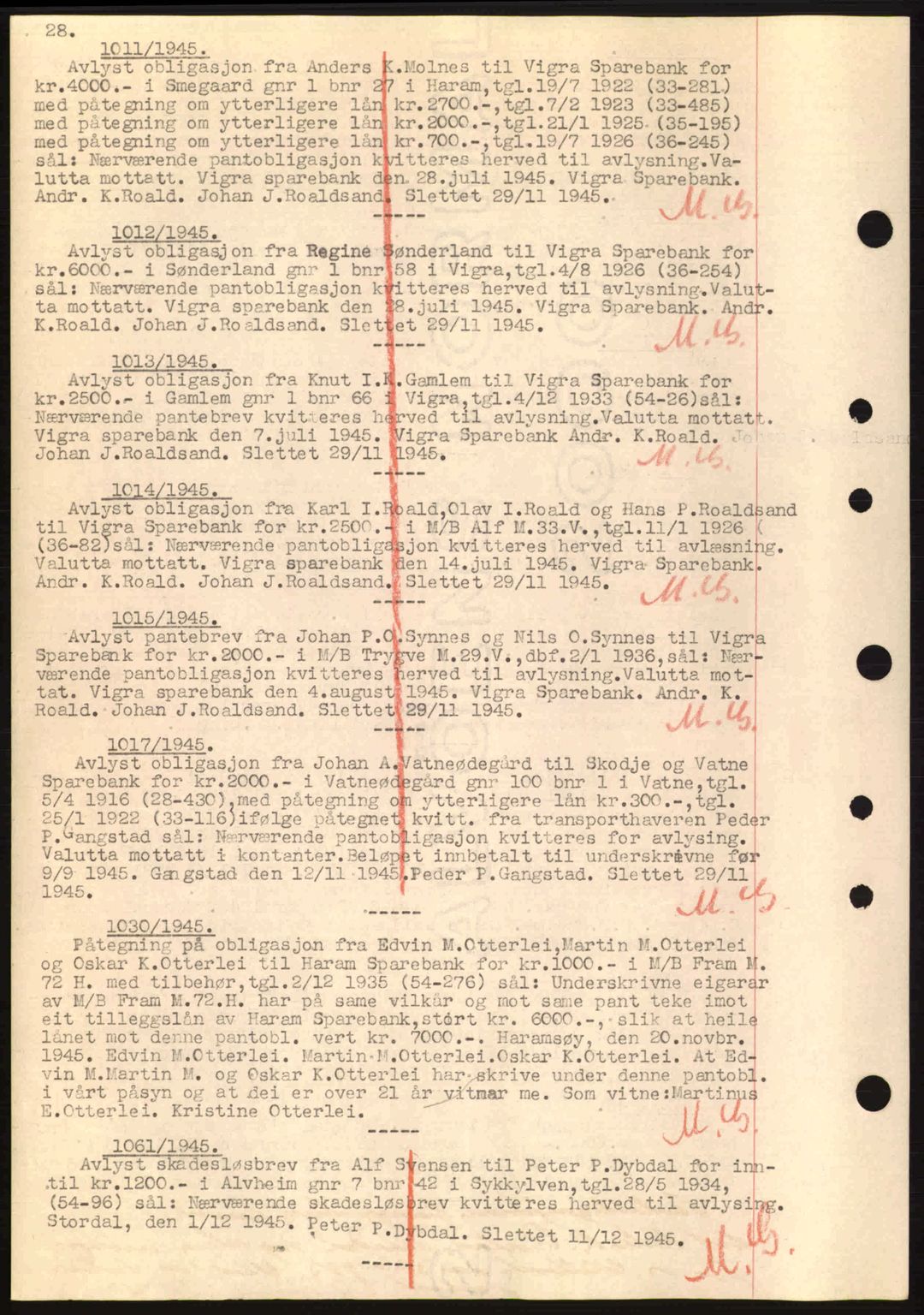 Nordre Sunnmøre sorenskriveri, SAT/A-0006/1/2/2C/2Ca: Pantebok nr. B6-14 a, 1942-1945, Dagboknr: 1011/1945