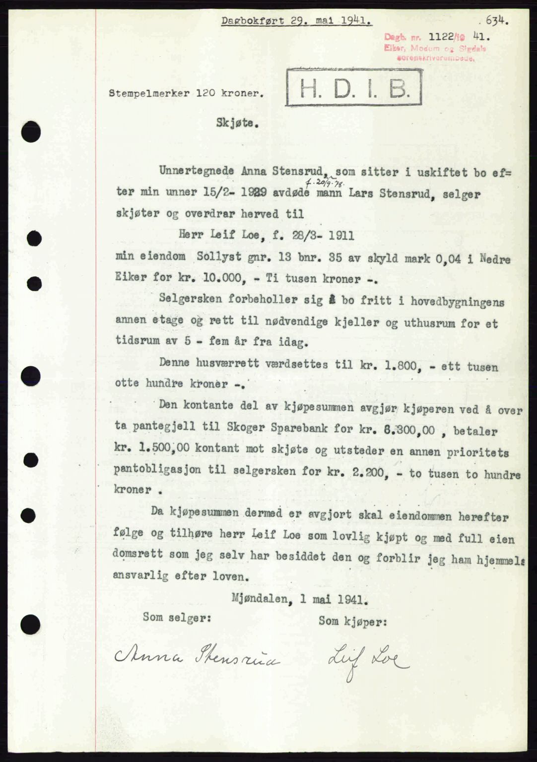 Eiker, Modum og Sigdal sorenskriveri, SAKO/A-123/G/Ga/Gab/L0043: Pantebok nr. A13, 1940-1941, Dagboknr: 1122/1941