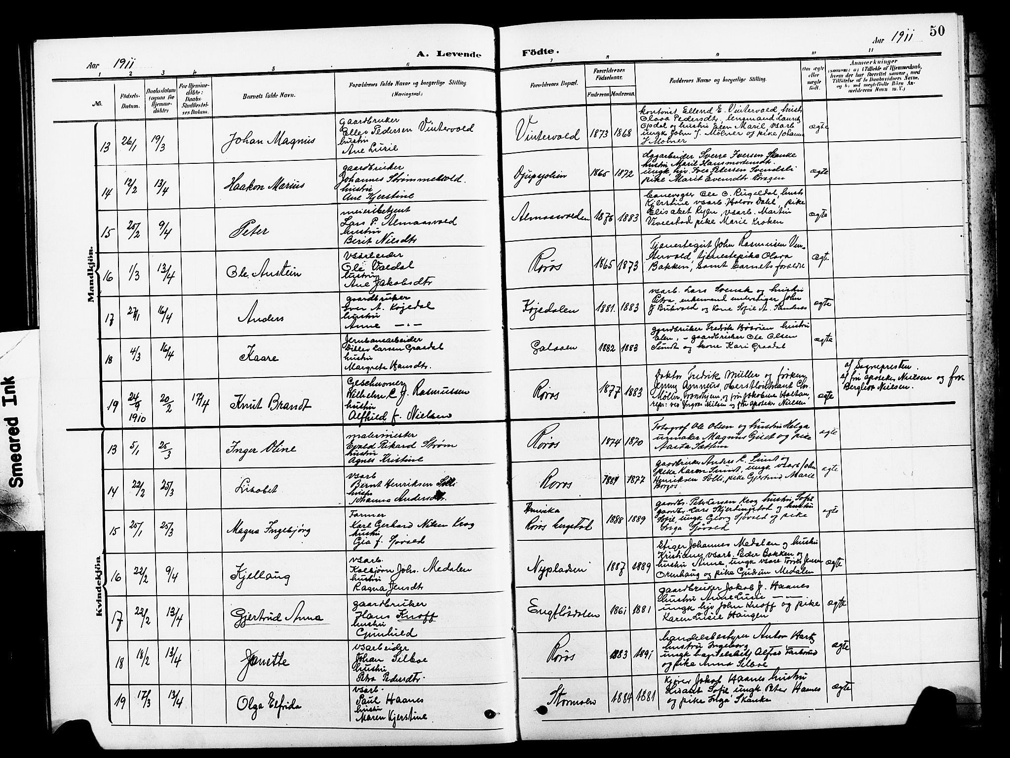 Ministerialprotokoller, klokkerbøker og fødselsregistre - Sør-Trøndelag, SAT/A-1456/681/L0942: Klokkerbok nr. 681C06, 1906-1925, s. 50