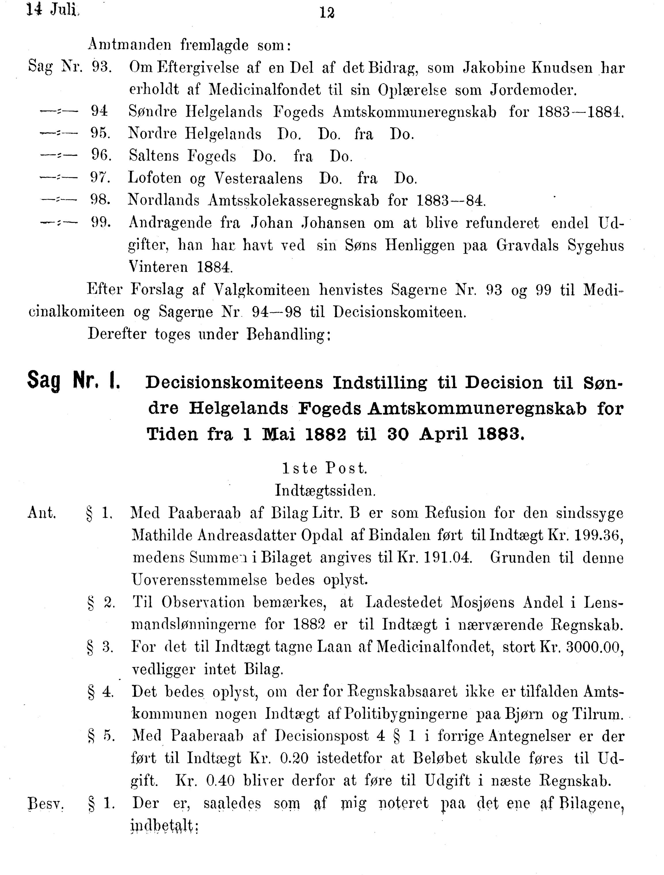 Nordland Fylkeskommune. Fylkestinget, AIN/NFK-17/176/A/Ac/L0014: Fylkestingsforhandlinger 1881-1885, 1881-1885