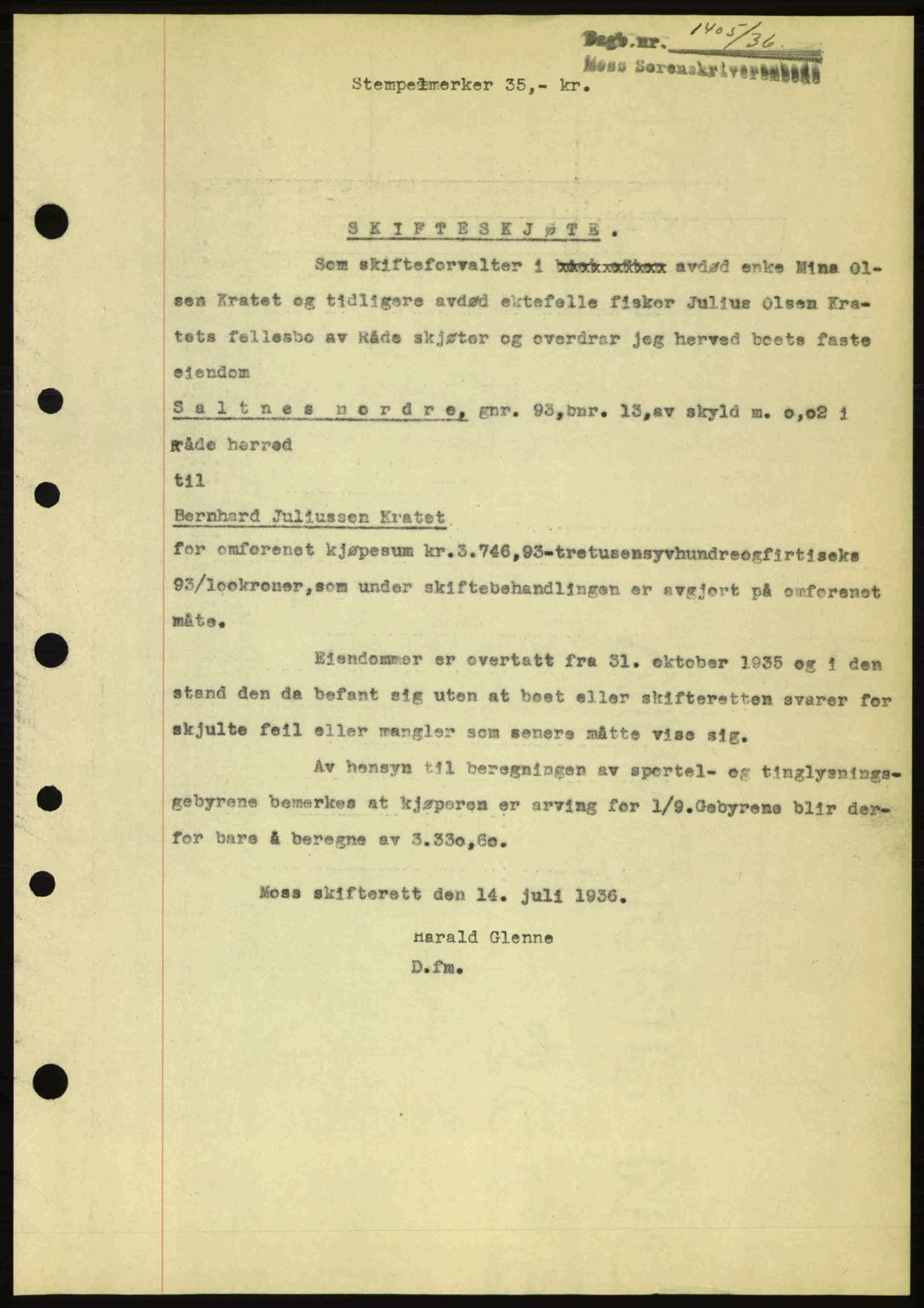 Moss sorenskriveri, SAO/A-10168: Pantebok nr. A1, 1936-1936, Dagboknr: 1405/1936