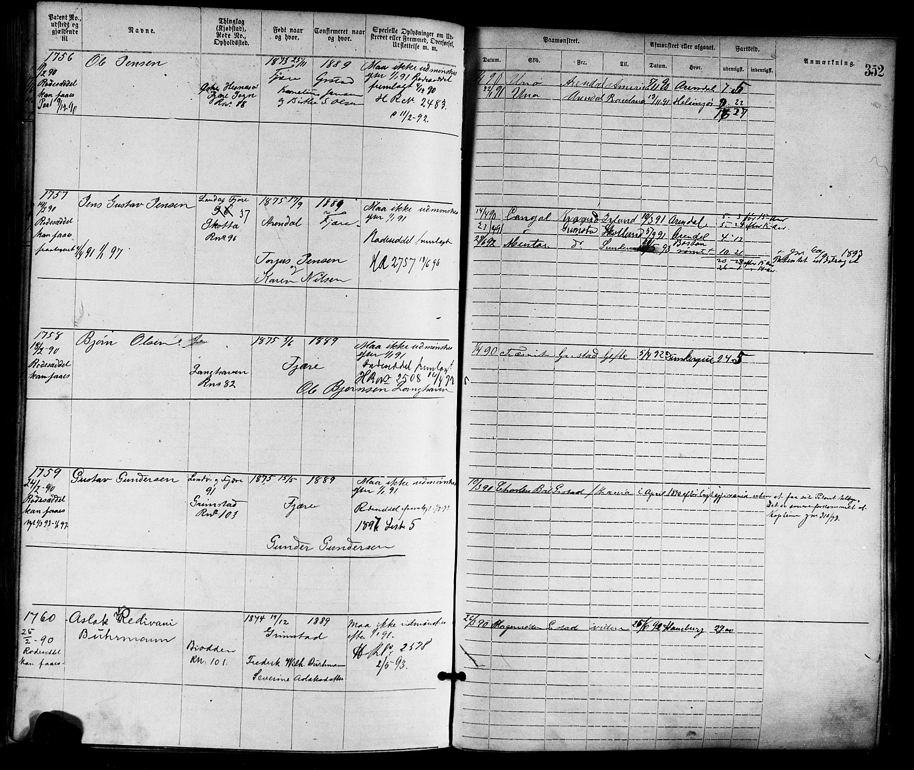 Grimstad mønstringskrets, AV/SAK-2031-0013/F/Fa/L0001: Annotasjonsrulle nr 1-1920 med register, F-1, 1870-1892, s. 385