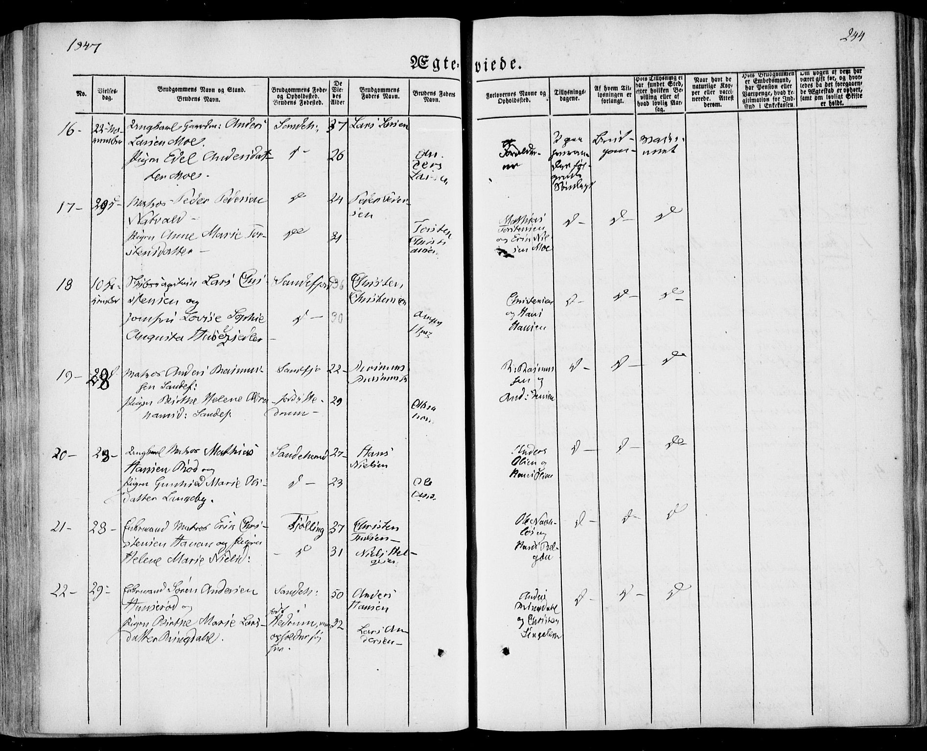 Sandar kirkebøker, AV/SAKO-A-243/F/Fa/L0006: Ministerialbok nr. 6, 1847-1860, s. 244