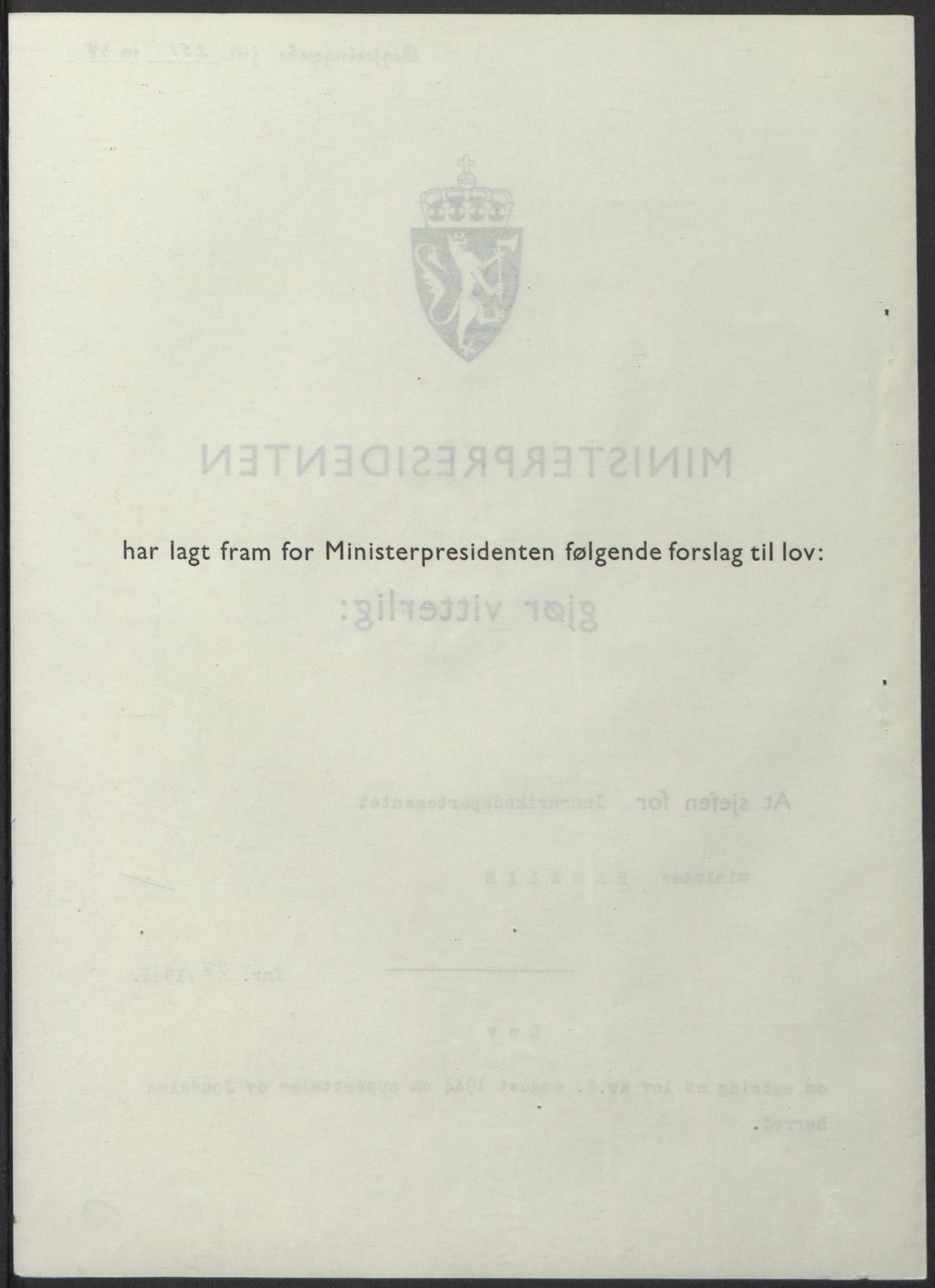 NS-administrasjonen 1940-1945 (Statsrådsekretariatet, de kommisariske statsråder mm), AV/RA-S-4279/D/Db/L0100: Lover, 1944, s. 465