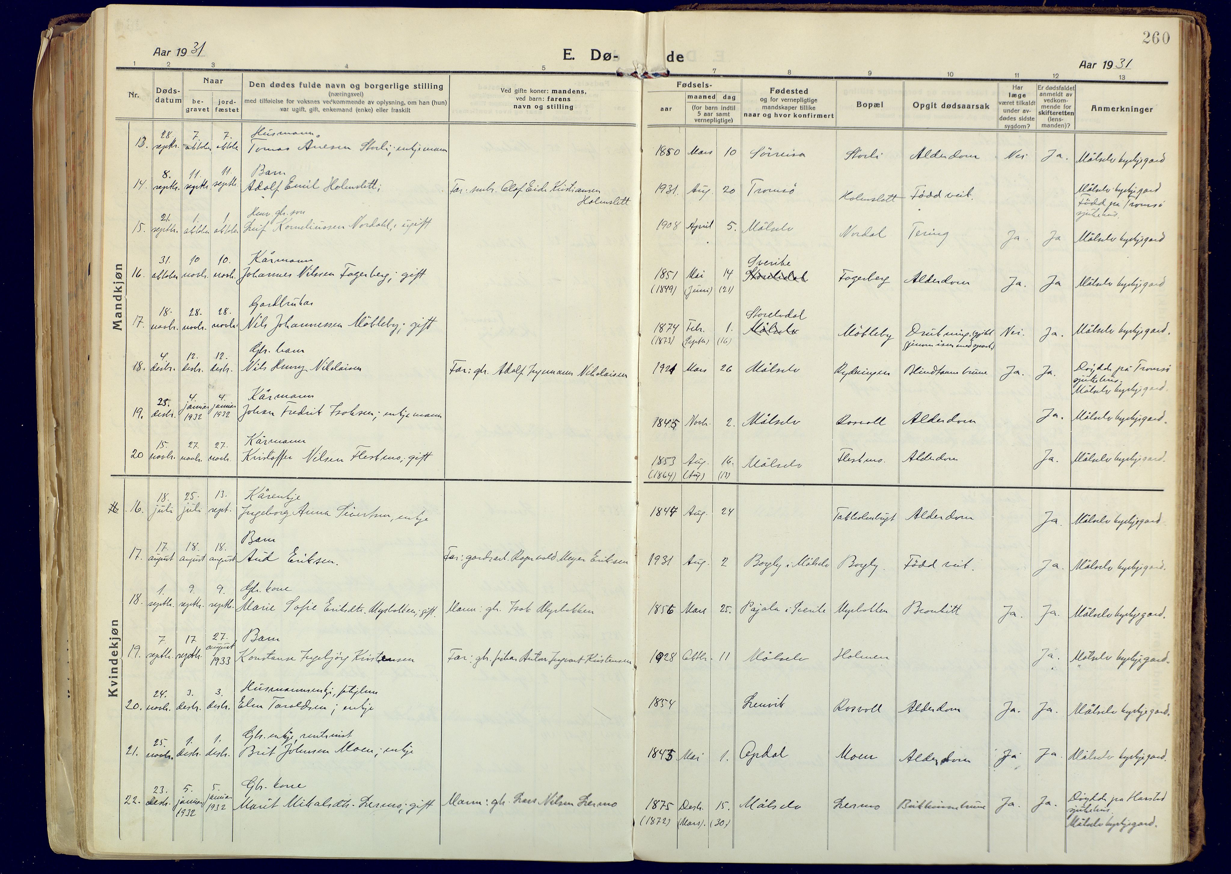 Målselv sokneprestembete, AV/SATØ-S-1311/G/Ga/Gaa/L0014kirke: Ministerialbok nr. 14, 1919-1932, s. 260