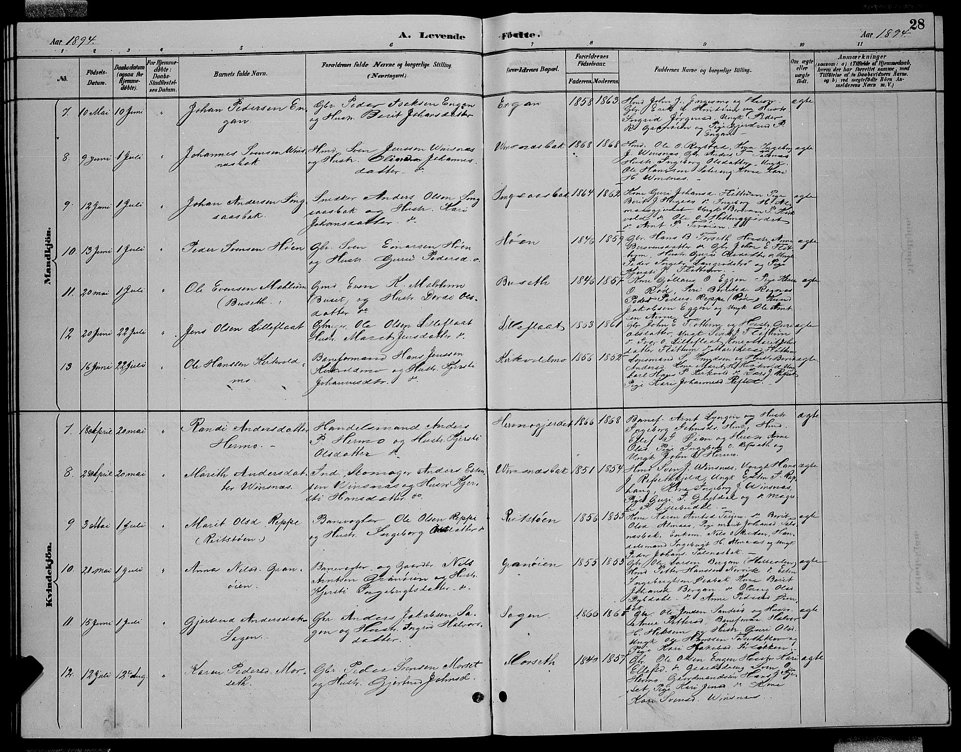 Ministerialprotokoller, klokkerbøker og fødselsregistre - Sør-Trøndelag, SAT/A-1456/688/L1028: Klokkerbok nr. 688C03, 1889-1899, s. 28