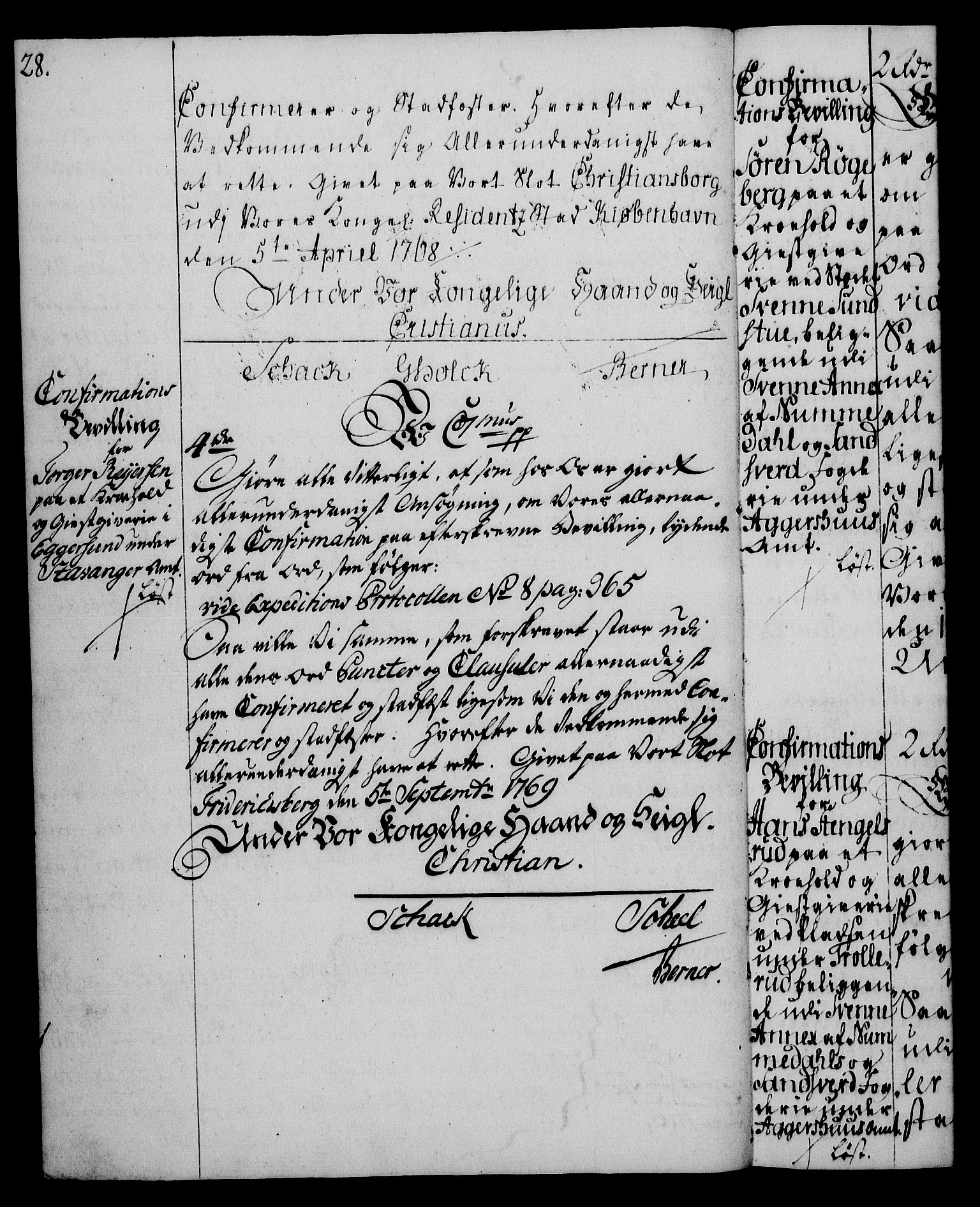 Rentekammeret, Kammerkanselliet, AV/RA-EA-3111/G/Gg/Ggc/Ggca/L0002: Norsk konfirmasjonsekspedisjonsprotokoll med register (merket RK 53.24), 1766-1772, s. 28