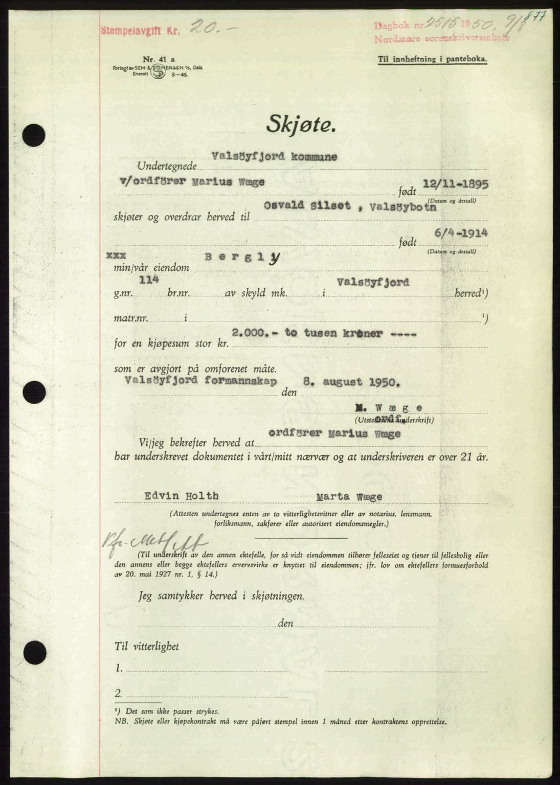 Nordmøre sorenskriveri, SAT/A-4132/1/2/2Ca: Pantebok nr. A115, 1950-1950, Dagboknr: 2515/1950