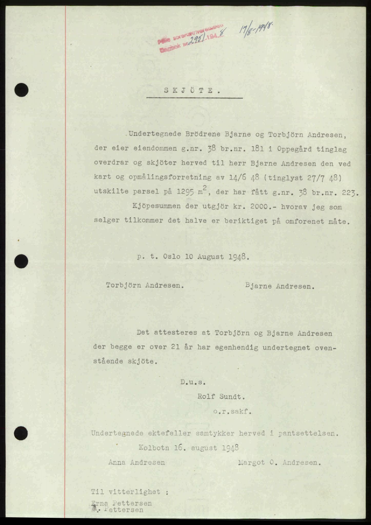 Follo sorenskriveri, SAO/A-10274/G/Ga/Gaa/L0085: Pantebok nr. I 85, 1948-1948, Dagboknr: 2951/1948