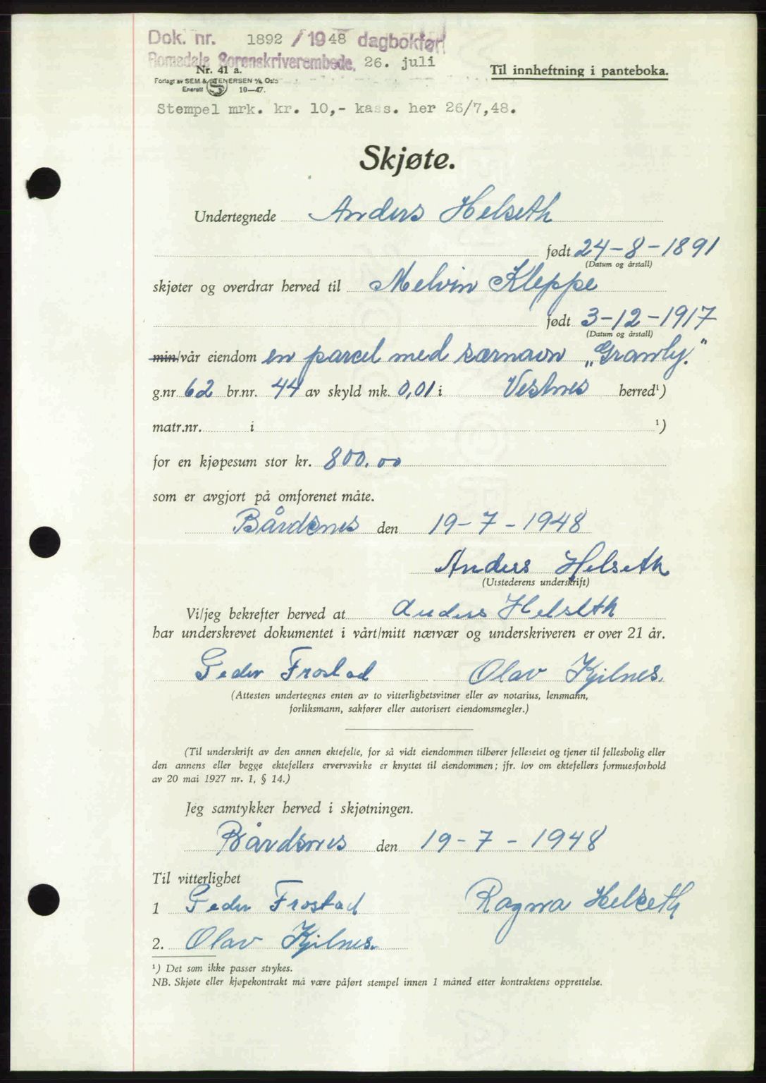Romsdal sorenskriveri, SAT/A-4149/1/2/2C: Pantebok nr. A26, 1948-1948, Dagboknr: 1892/1948