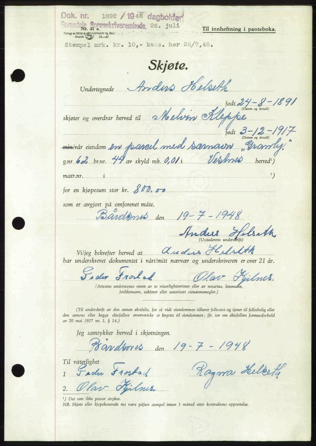 Romsdal sorenskriveri, AV/SAT-A-4149/1/2/2C: Pantebok nr. A26, 1948-1948, Dagboknr: 1892/1948