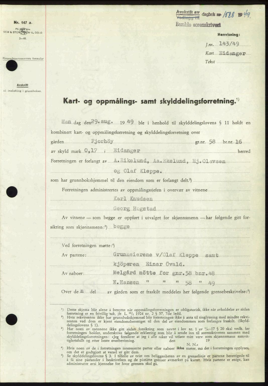 Bamble sorenskriveri, SAKO/A-214/G/Ga/Gag/L0015: Pantebok nr. A-15, 1949-1949, Dagboknr: 1588/1949