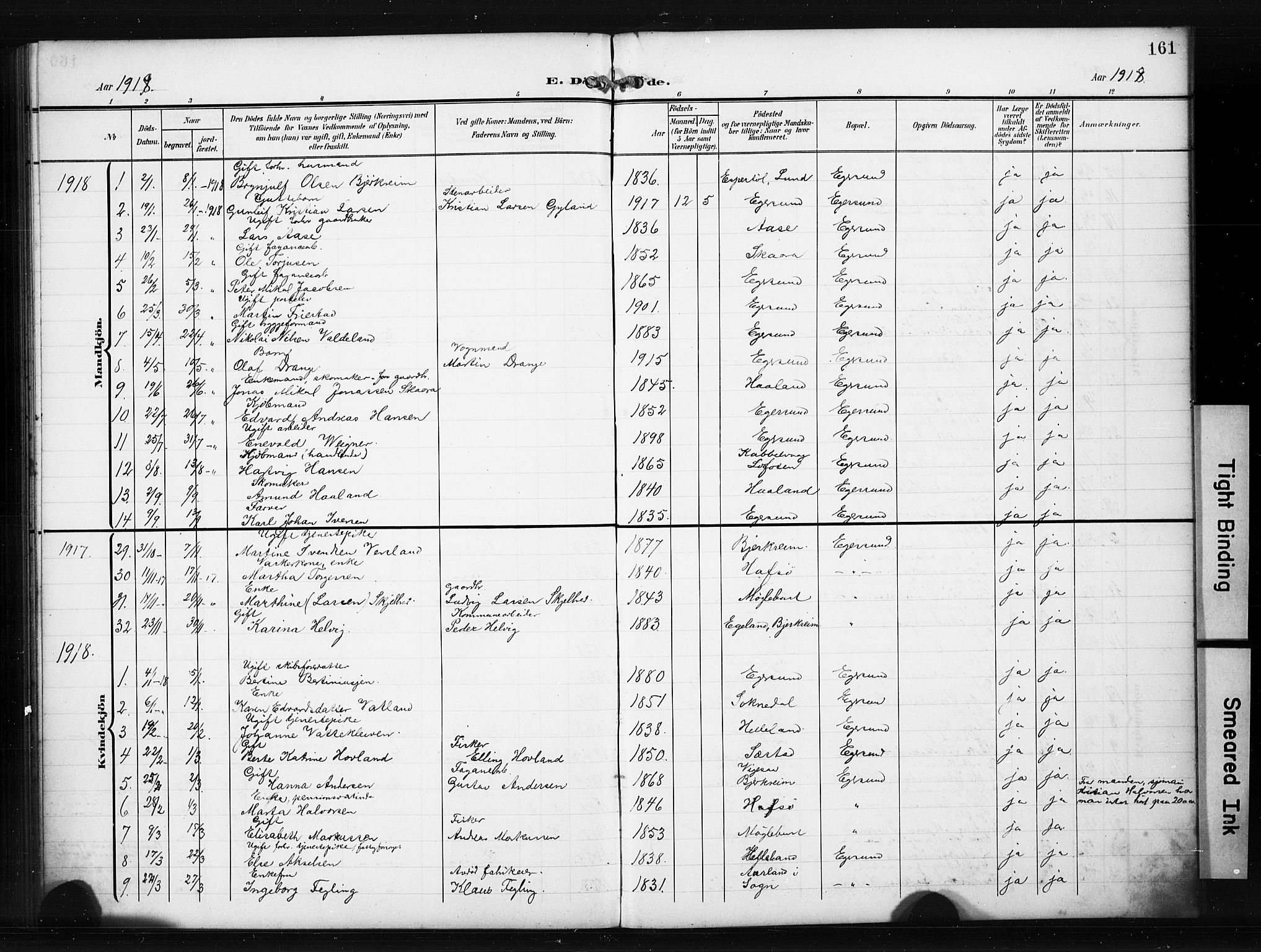 Eigersund sokneprestkontor, AV/SAST-A-101807/S09/L0012: Klokkerbok nr. B 12, 1908-1930, s. 161