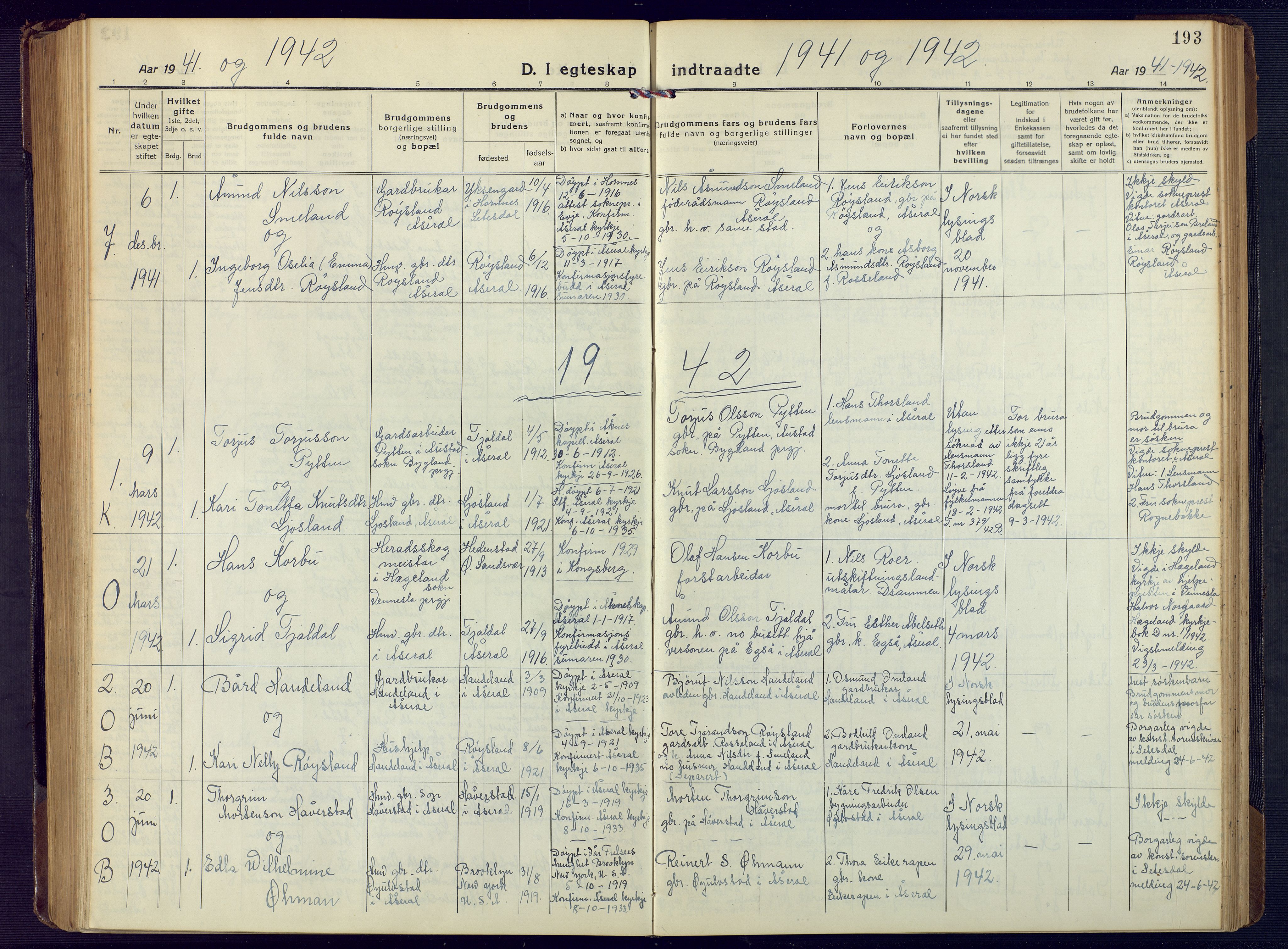 Åseral sokneprestkontor, AV/SAK-1111-0051/F/Fb/L0004: Klokkerbok nr. B 4, 1920-1946, s. 193
