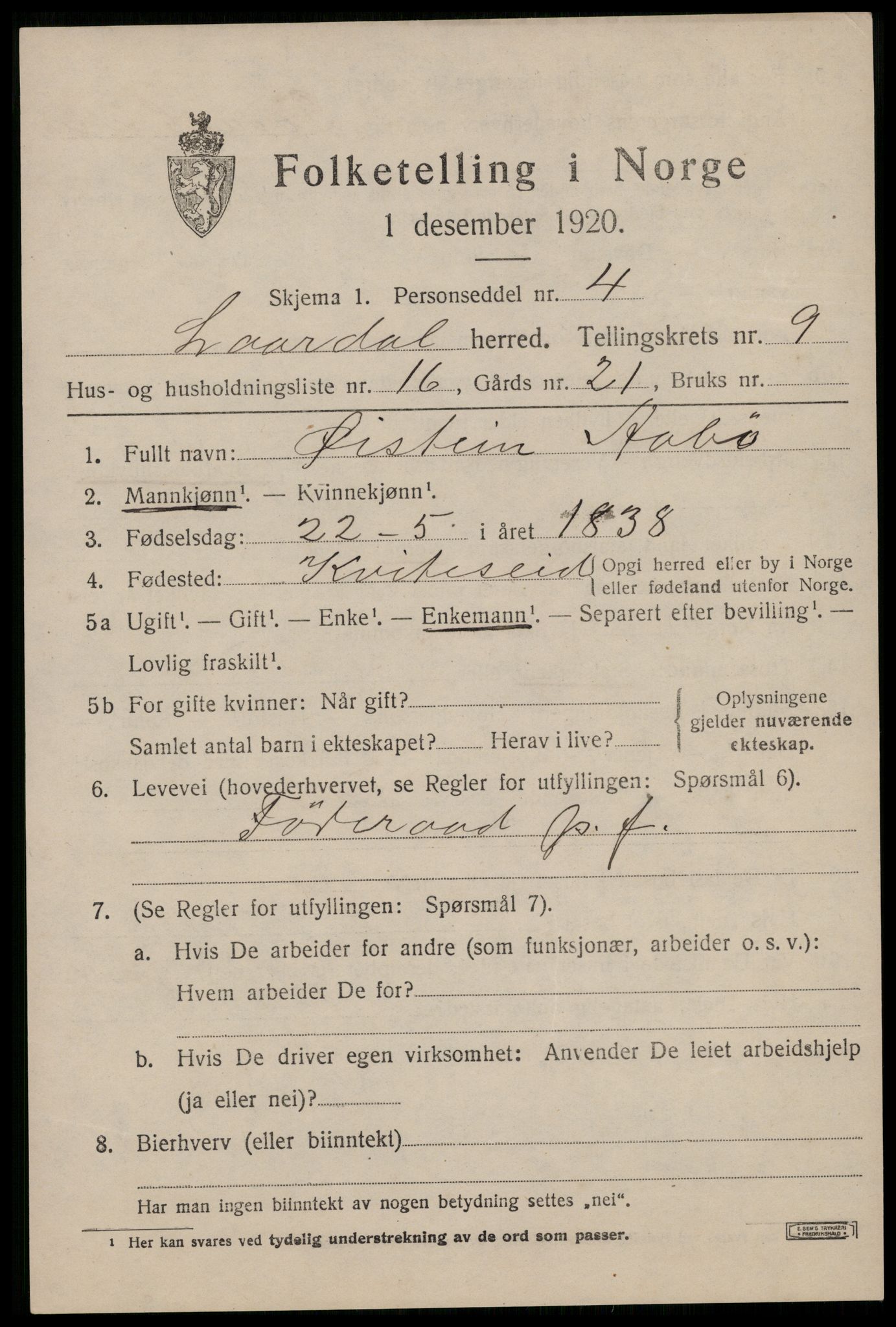 SAKO, Folketelling 1920 for 0833 Lårdal herred, 1920, s. 3311