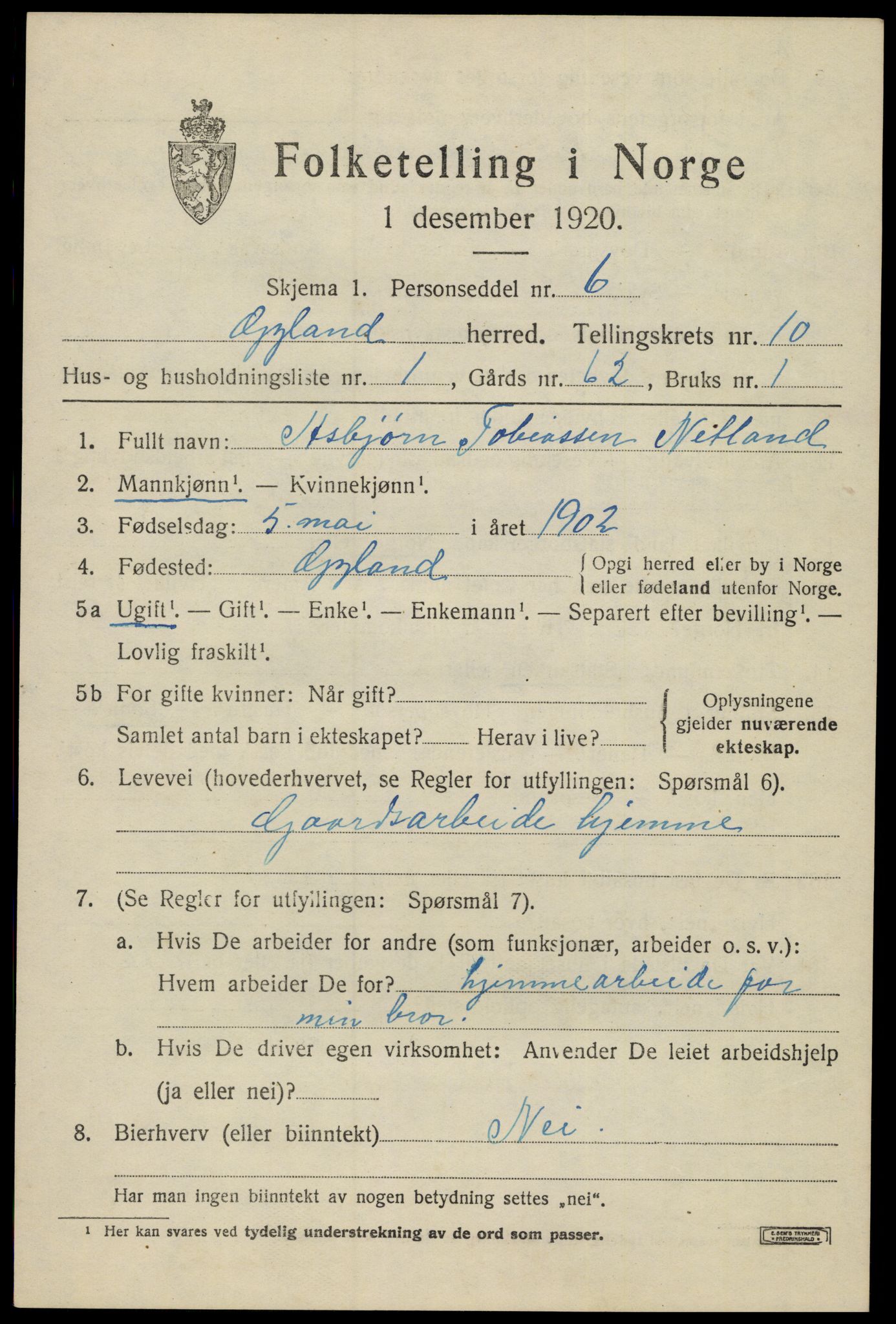 SAK, Folketelling 1920 for 1044 Gyland herred, 1920, s. 2182