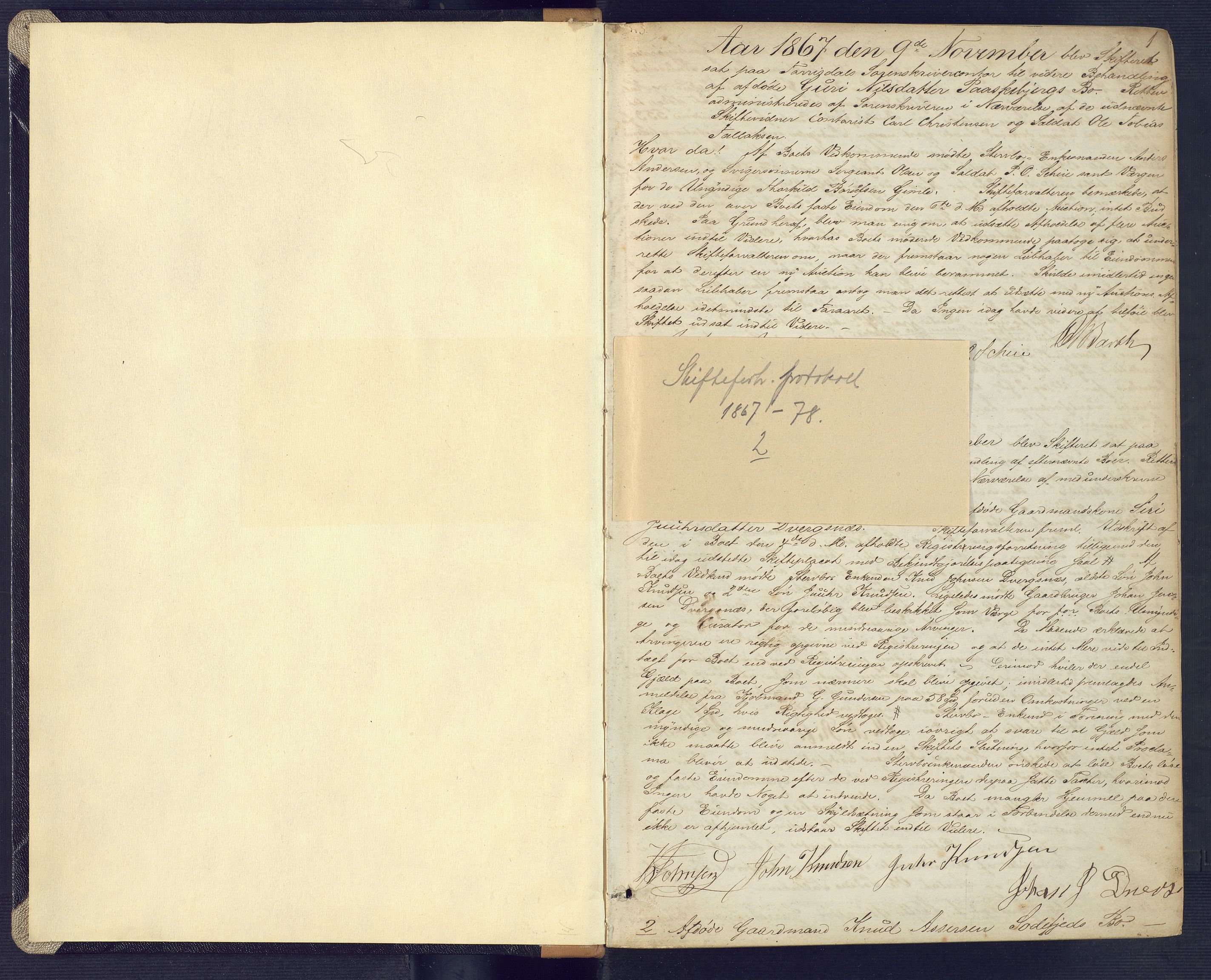 Torridal sorenskriveri, SAK/1221-0012/H/Hc/L0016: Skifteforhandlingsprotokoll med navneregister nr. 2, 1867-1878, s. 1