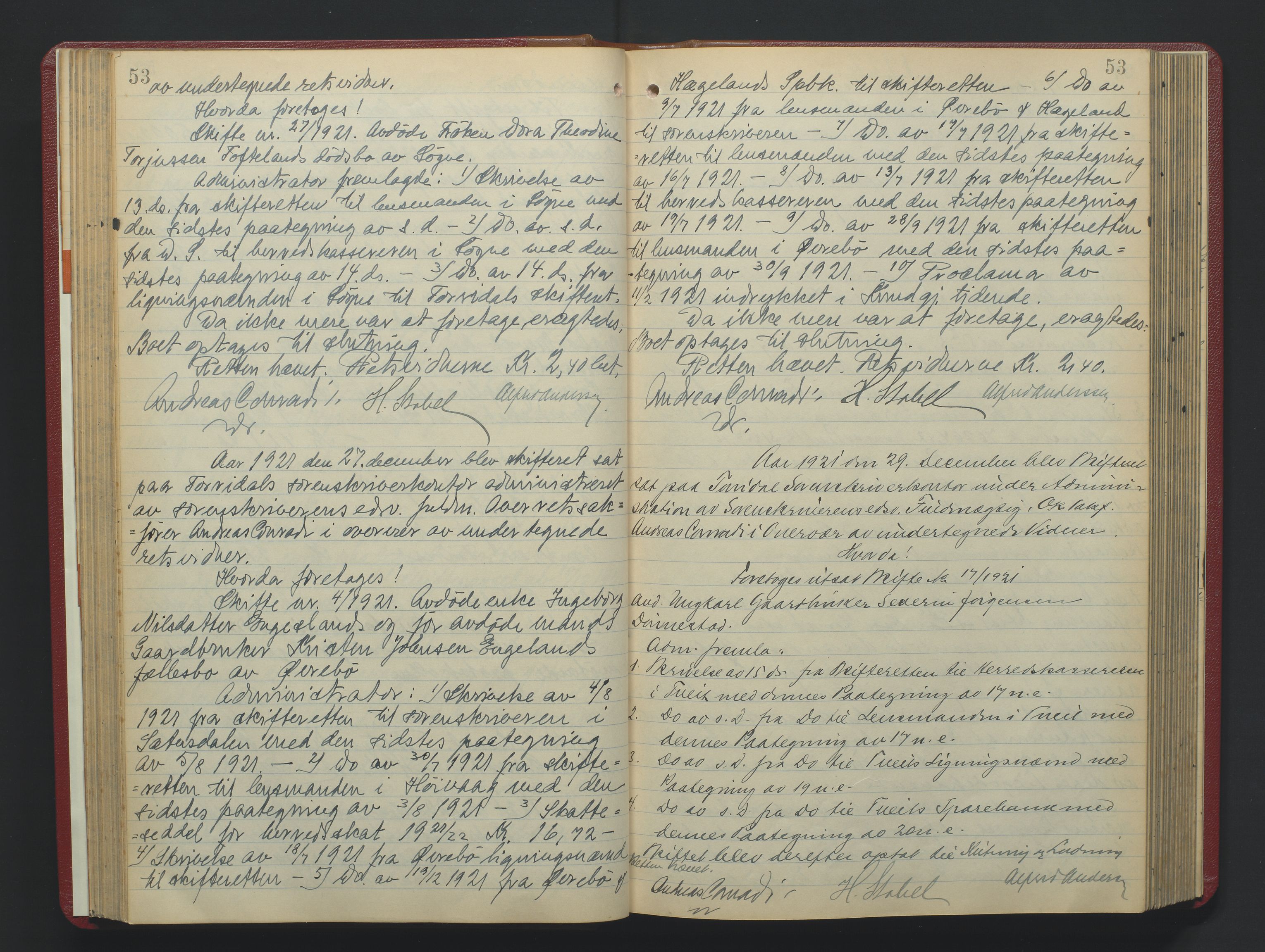 Torridal sorenskriveri, AV/SAK-1221-0012/H/Hc/L0024: Skifteforhandlingsprotokoll med navneregister nr. 10, 1921-1925, s. 53