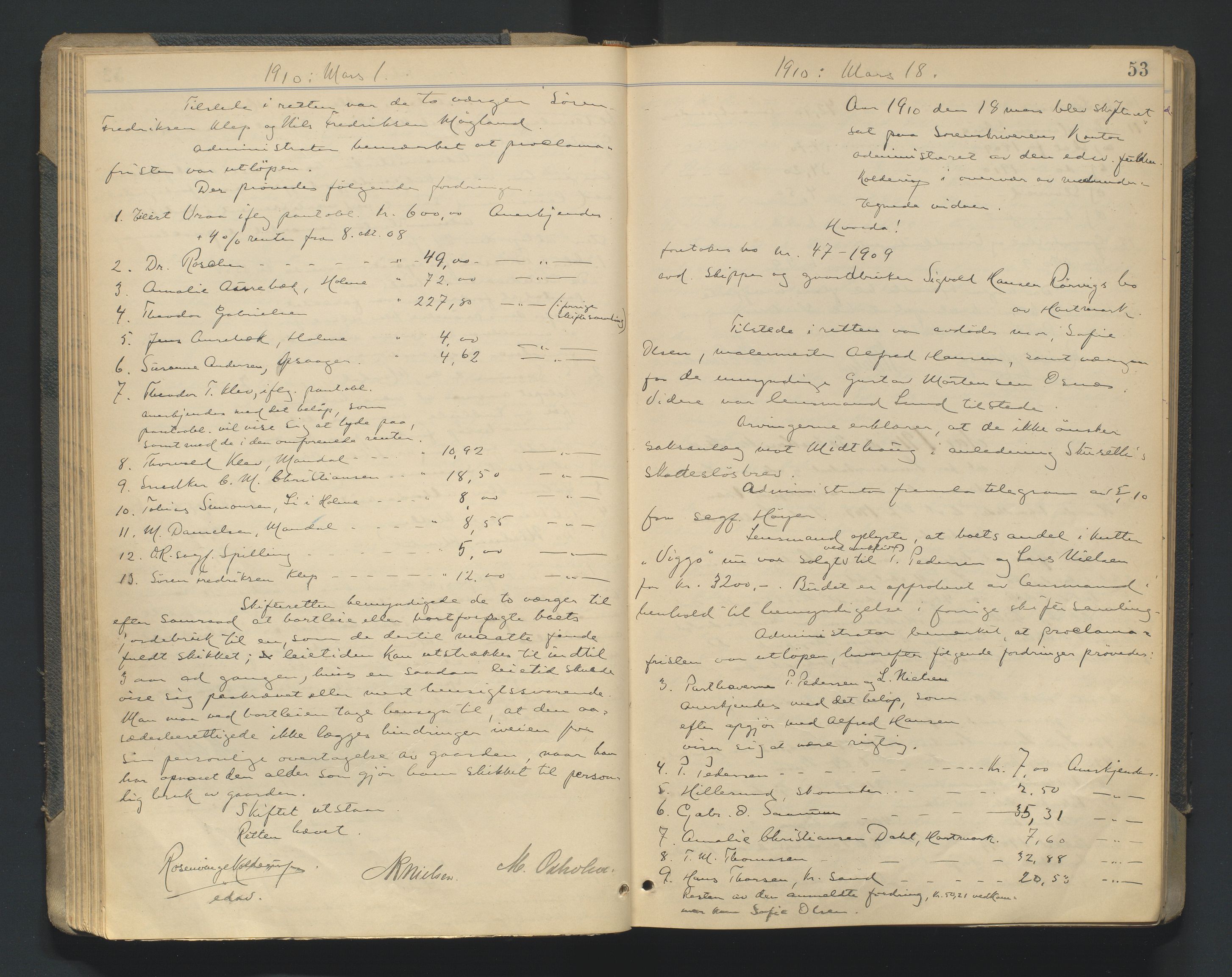 Mandal sorenskriveri, AV/SAK-1221-0005/001/H/Hc/L0081: Skifteforhandlingsprotokoll nr 13, 1909-1913, s. 53