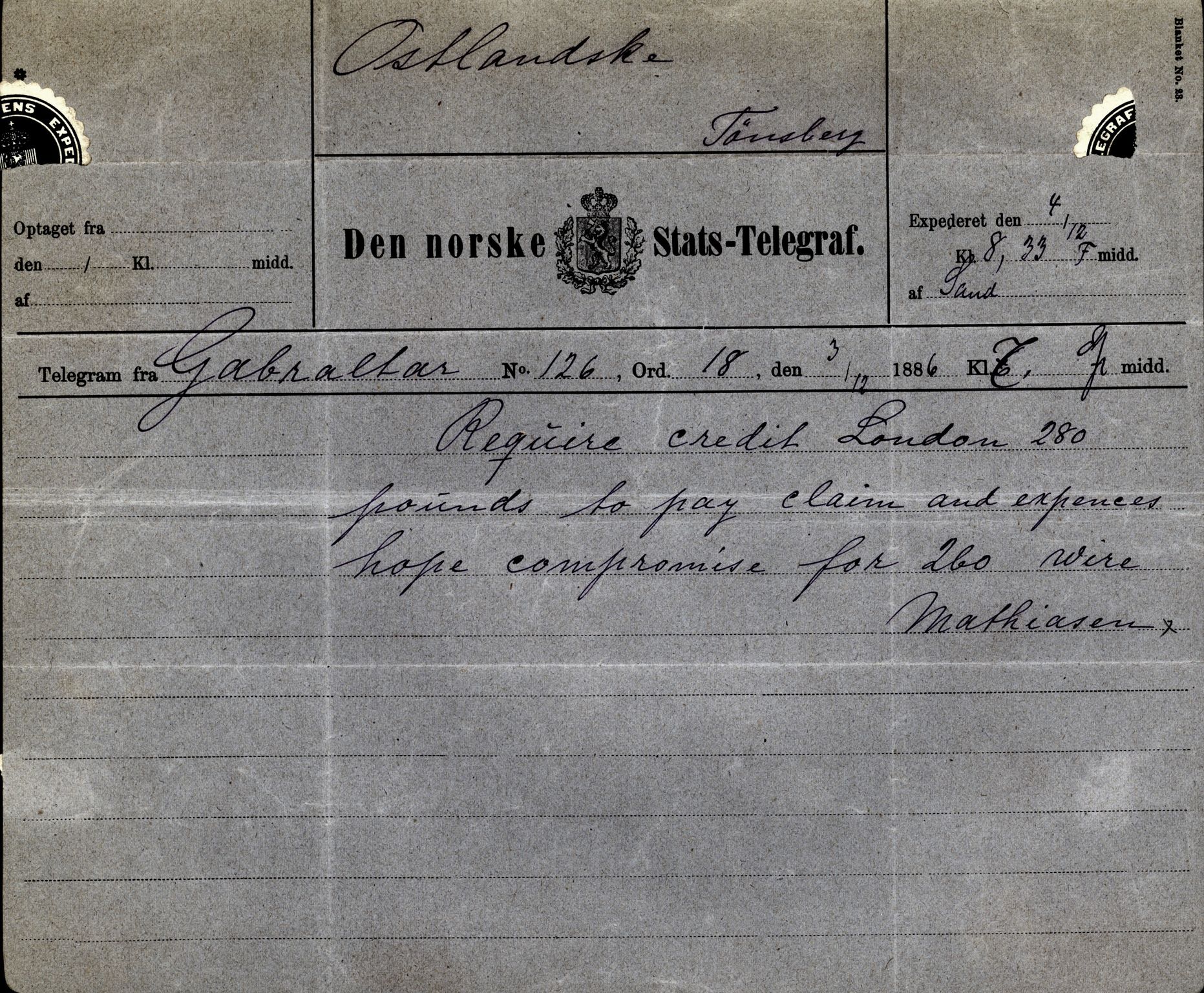 Pa 63 - Østlandske skibsassuranceforening, VEMU/A-1079/G/Ga/L0019/0011: Havaridokumenter / Arica, Astrid, August Herman Franck, Sondre, 1886, s. 54