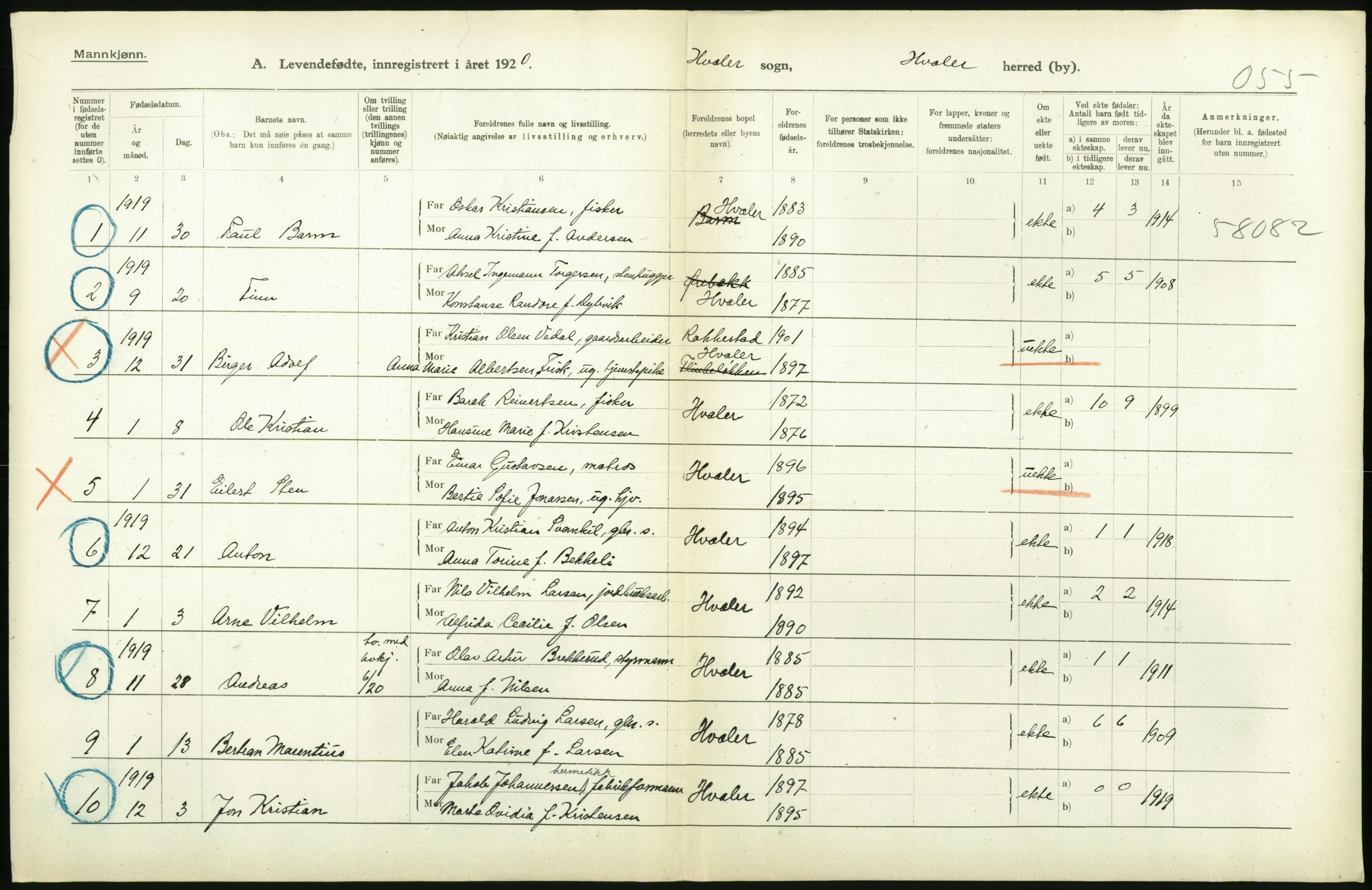 Statistisk sentralbyrå, Sosiodemografiske emner, Befolkning, RA/S-2228/D/Df/Dfb/Dfbj/L0001: Østfold fylke: Levendefødte menn og kvinner. Bygder., 1920, s. 194