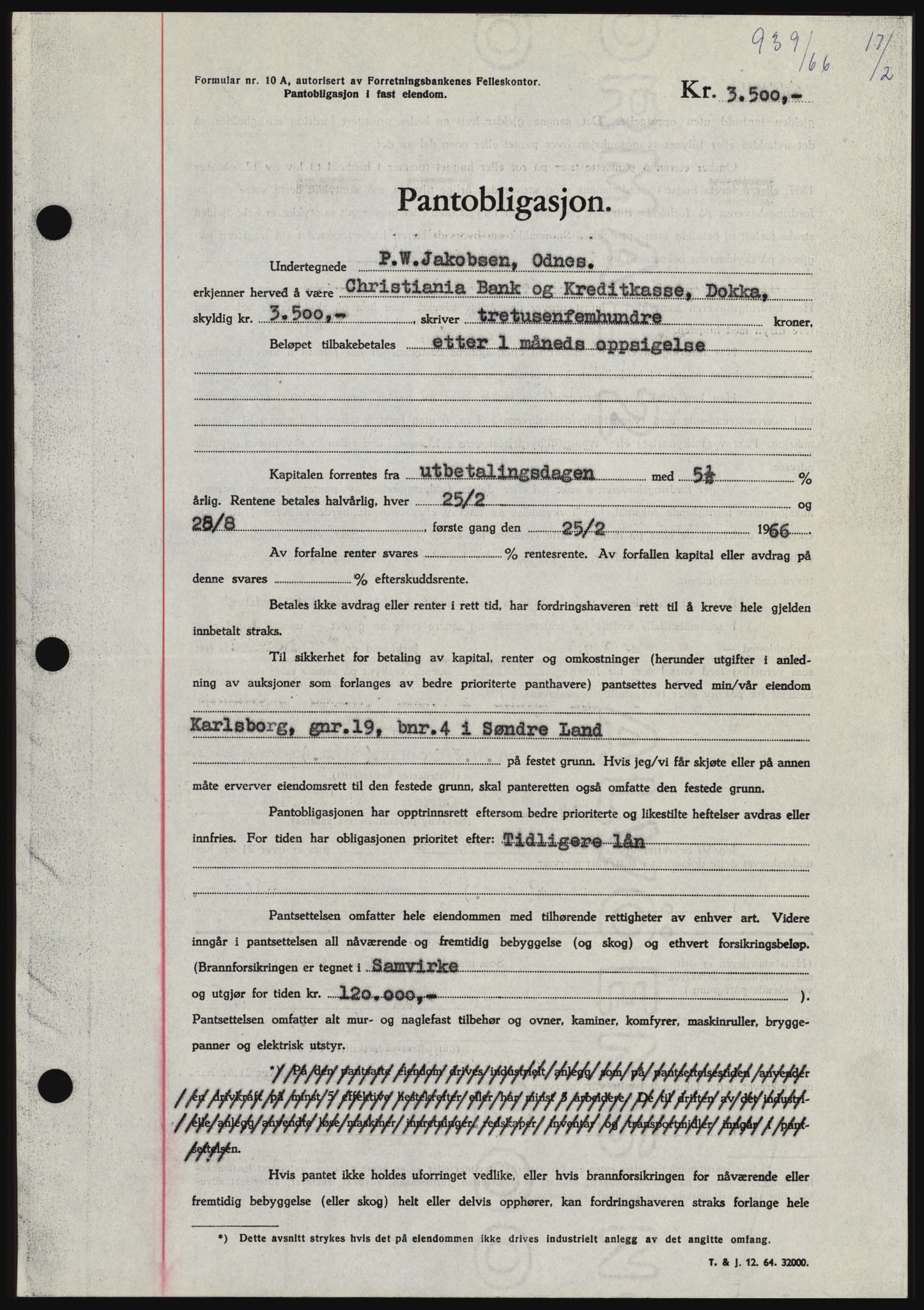 Hadeland og Land tingrett, SAH/TING-010/H/Hb/Hbc/L0062: Pantebok nr. B62, 1966-1966, Dagboknr: 939/1966